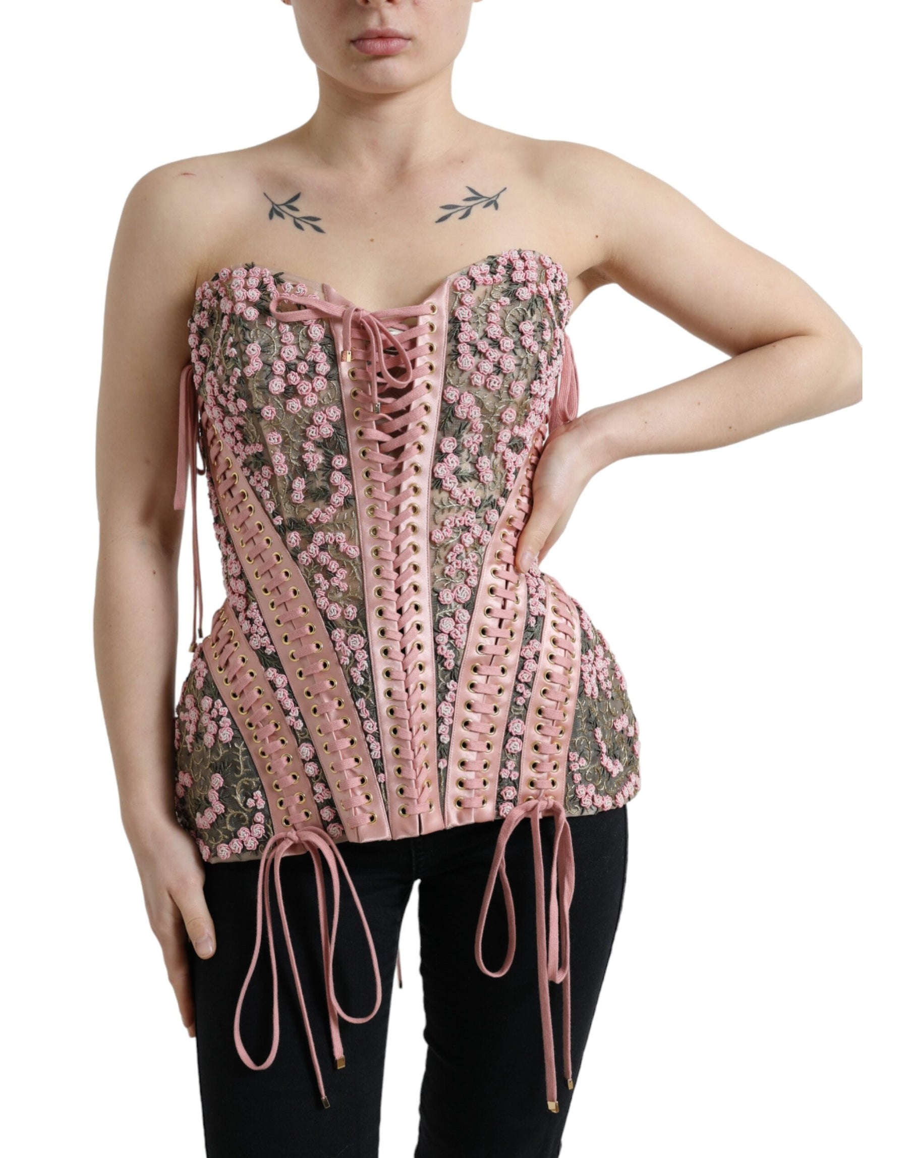 Dolce & Gabbana Pink Floral Applique Bustier Corset Top | Regal Royce