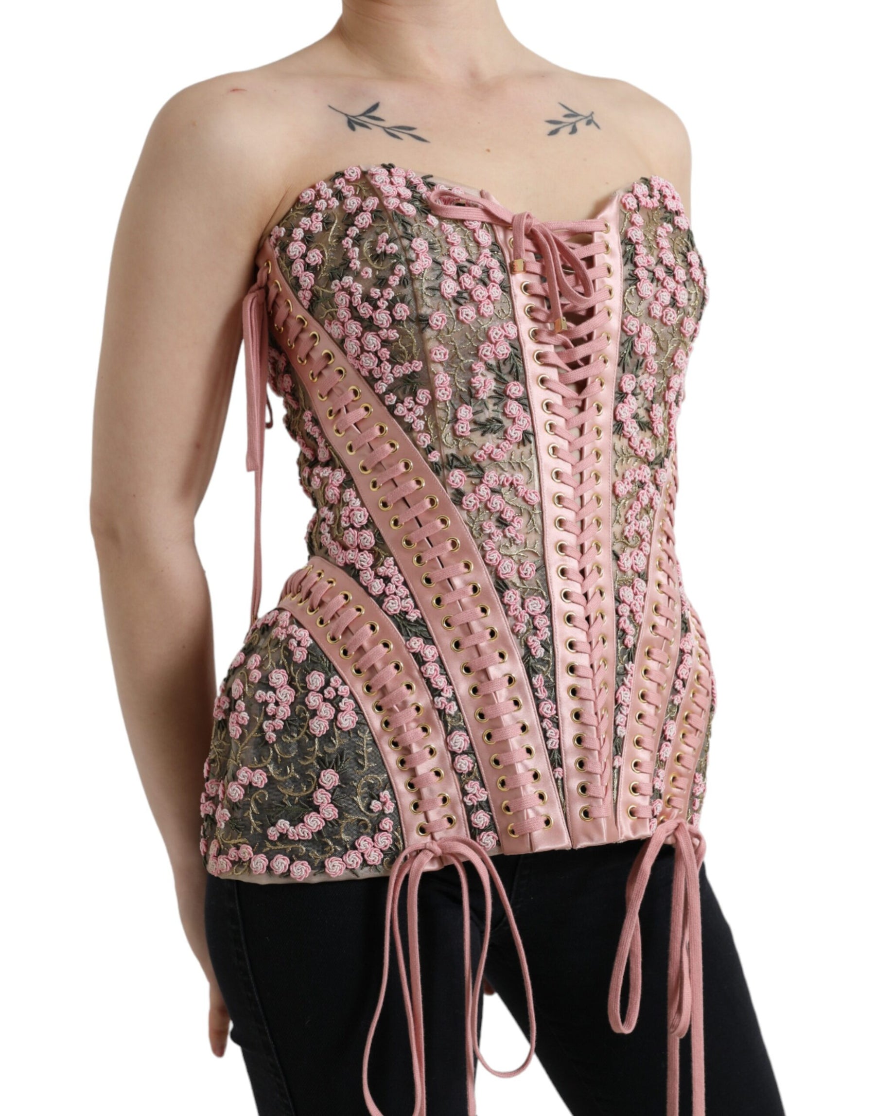 Dolce & Gabbana Pink Floral Applique Bustier Corset Top | Regal Royce