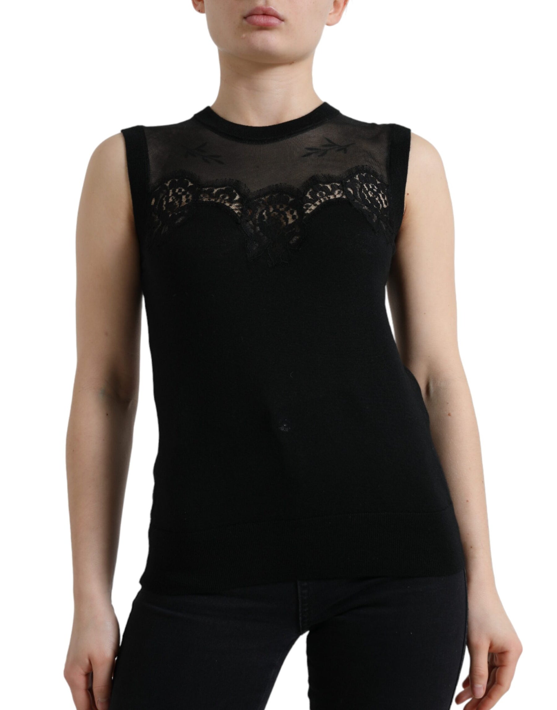 Dolce & Gabbana Black Cashmere Lace Trim Sleeveless Tank Top | Regal Royce