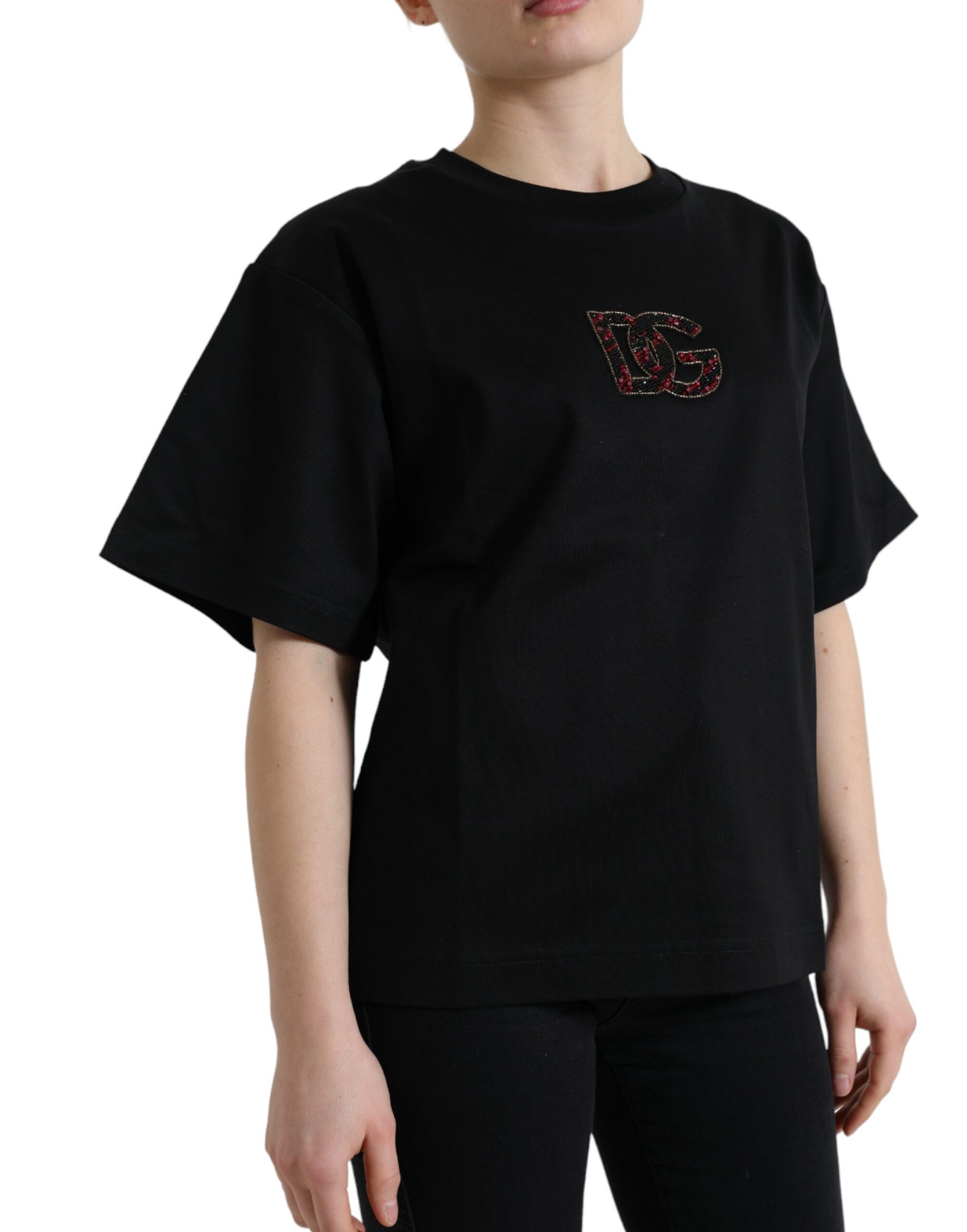 Dolce & Gabbana Black Cotton DG Crystal Crewneck Tee T-shirt | Regal Royce