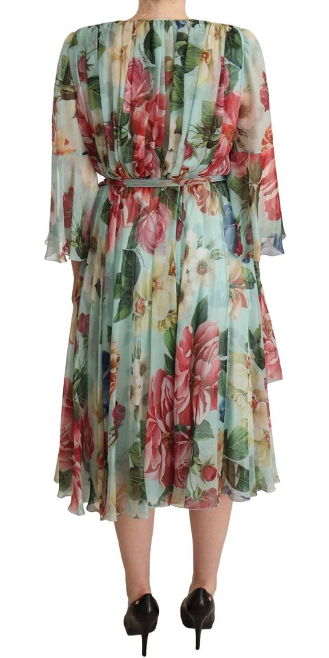 Dolce & Gabbana Multicolor Green Floral Silk Wrap Midi Dress | Regal Royce