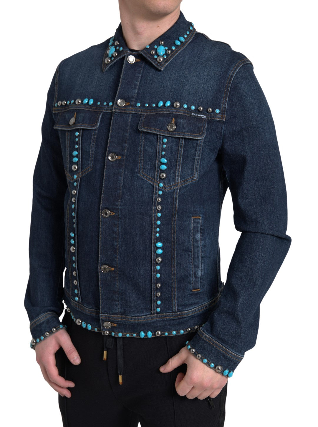 Dolce & Gabbana Blue Denim Turquoise Stones Studded Jacket | Regal Royce