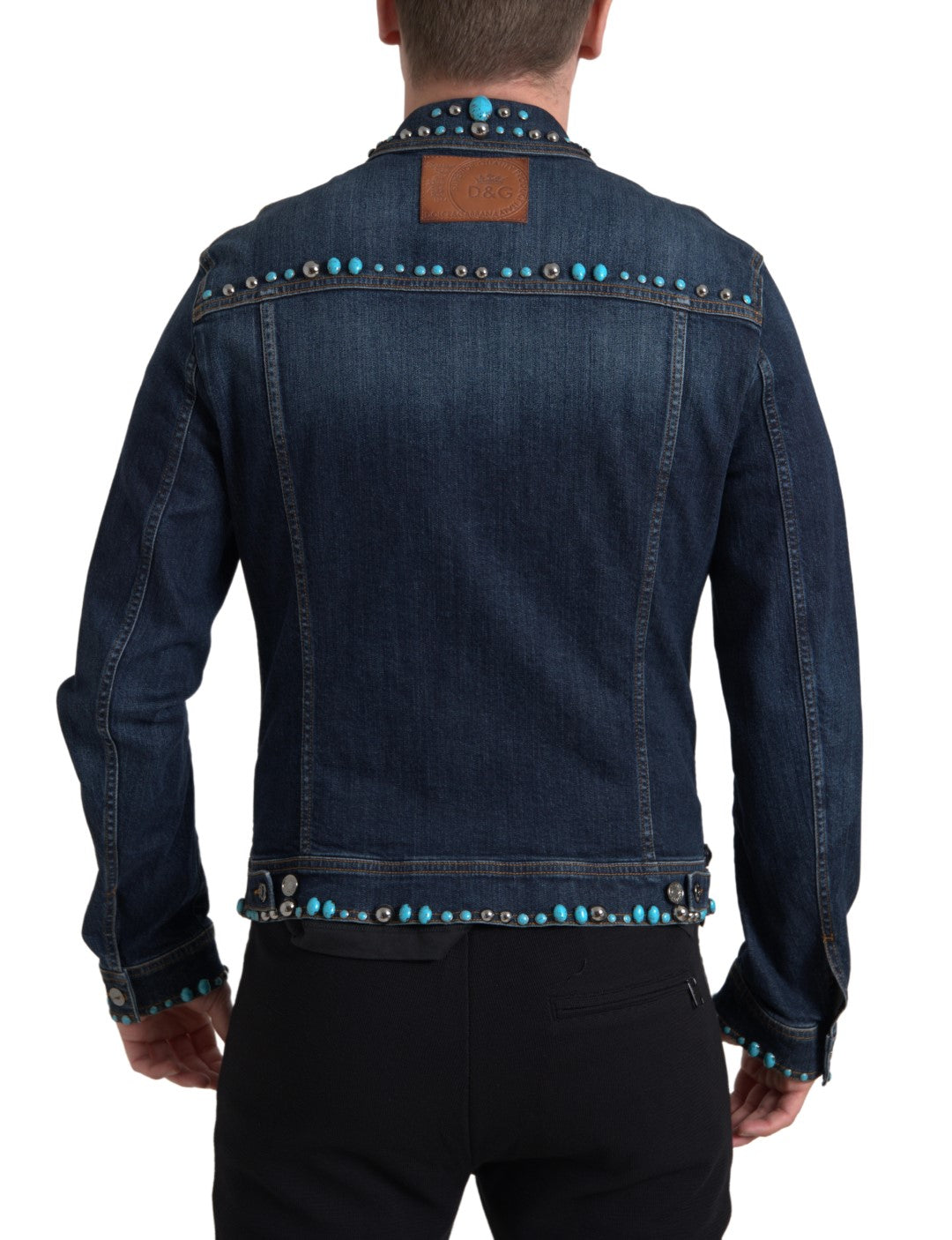 Dolce & Gabbana Blue Denim Turquoise Stones Studded Jacket | Regal Royce