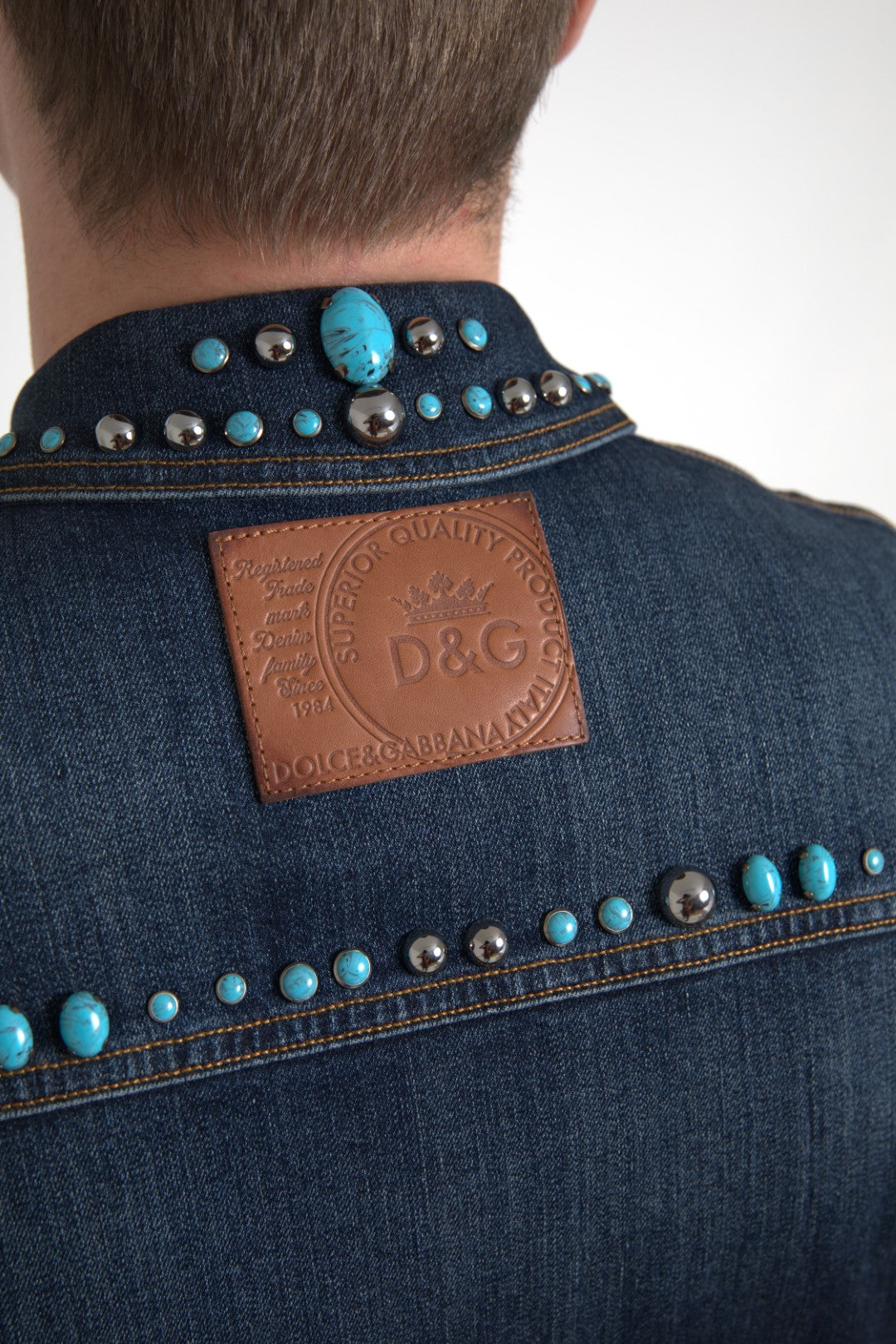 Dolce & Gabbana Blue Denim Turquoise Stones Studded Jacket | Regal Royce