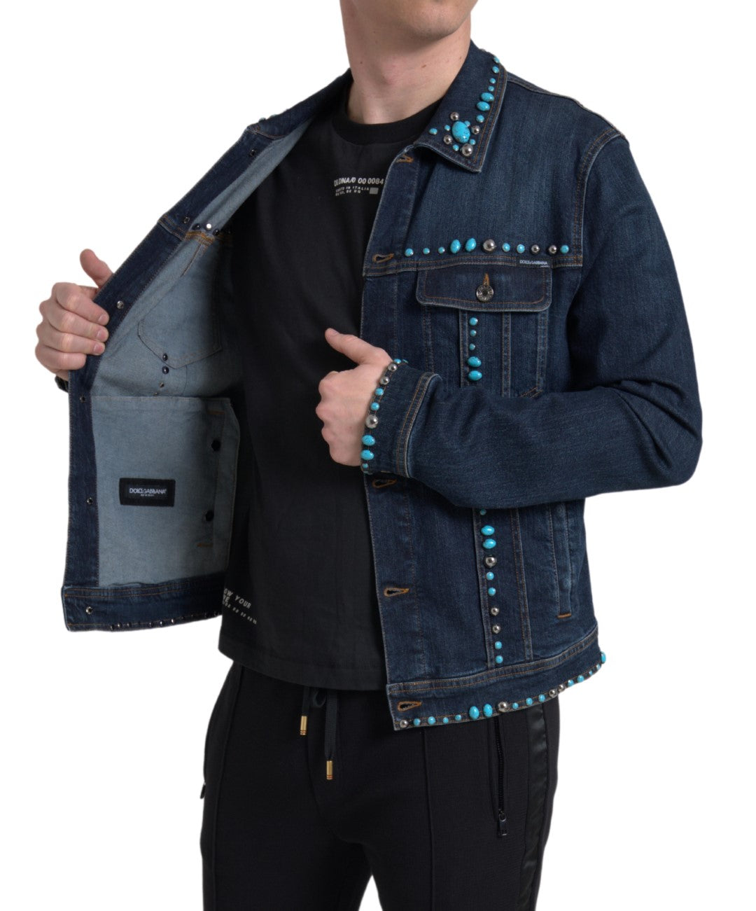 Dolce & Gabbana Blue Denim Turquoise Stones Studded Jacket | Regal Royce