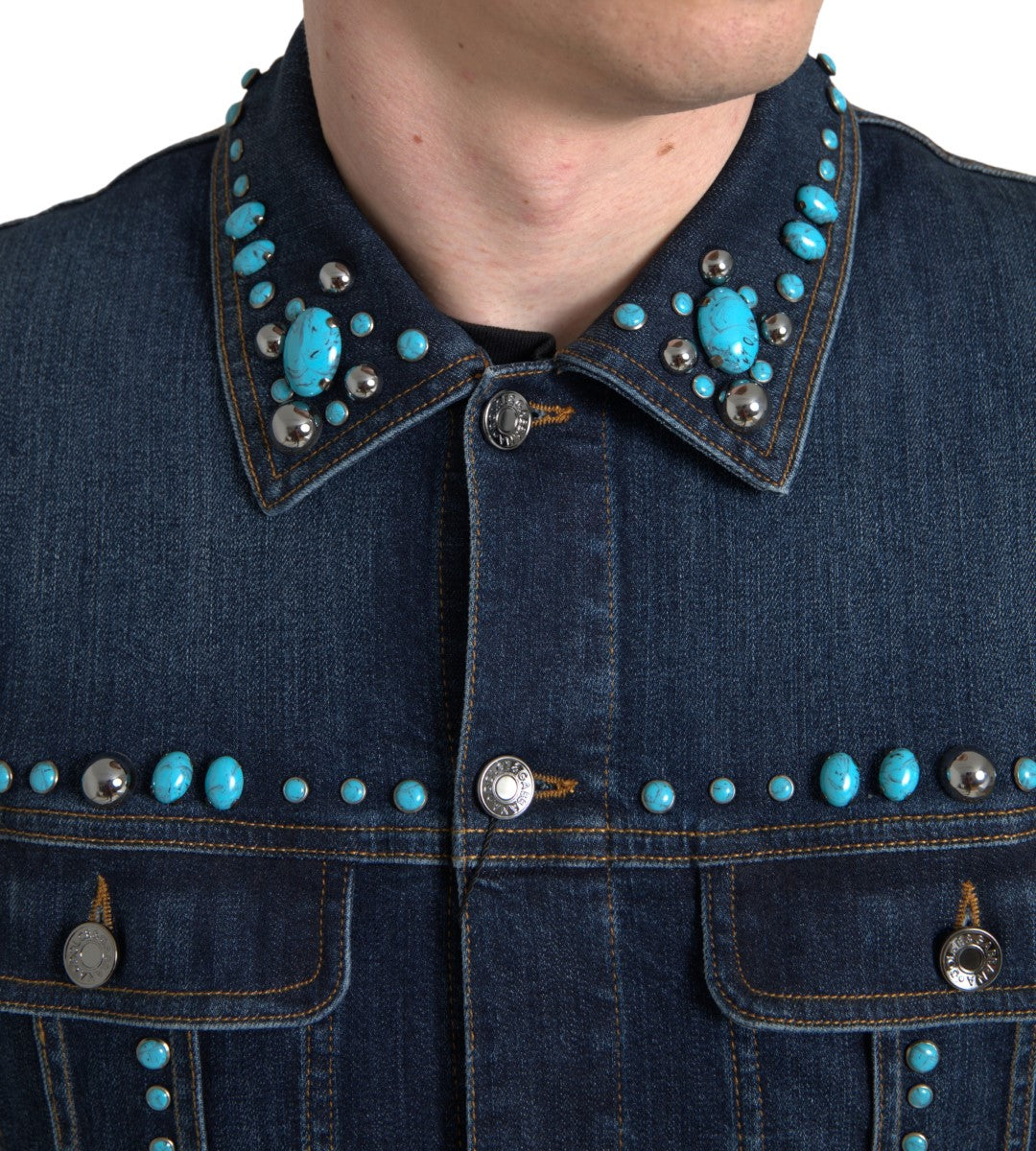 Dolce & Gabbana Blue Denim Turquoise Stones Studded Jacket | Regal Royce