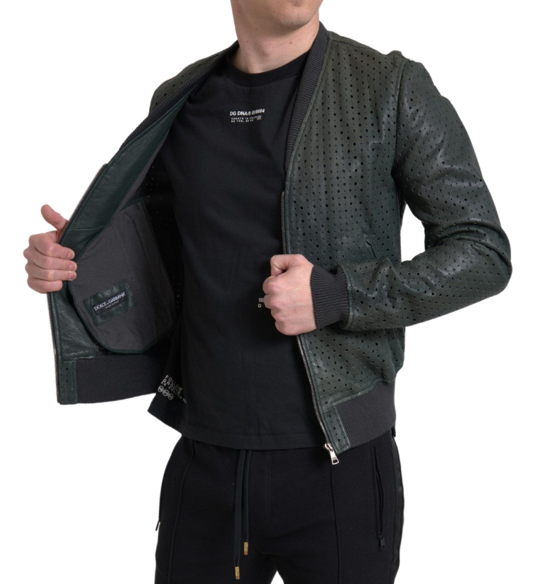 Dolce & Gabbana Green Perforated Leather Bomber Jacket | Regal Royce