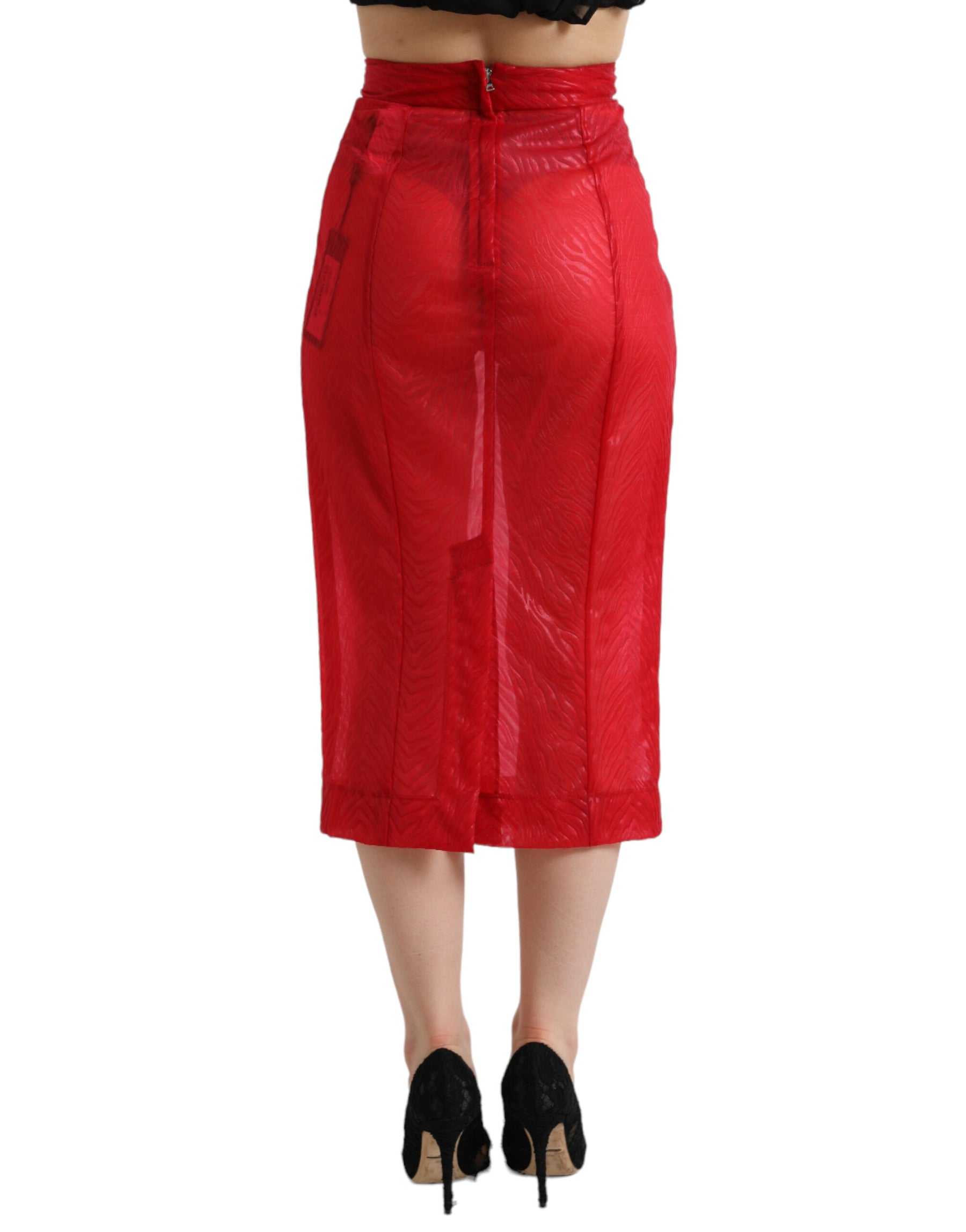 Dolce & Gabbana Red Sheer High Waist Pencil Cut Midi Skirt | Regal Royce