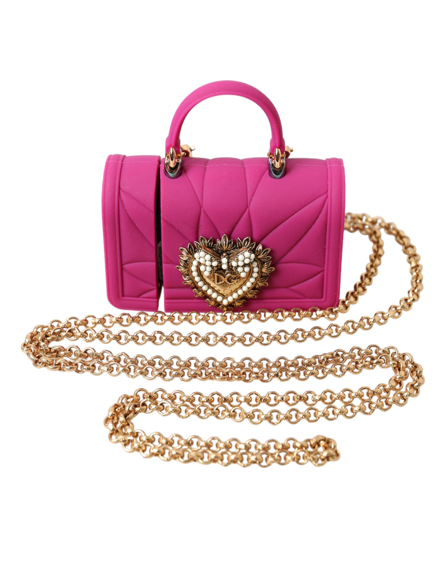 Dolce & Gabbana Pink Silicone Devotion Heart Bag Gold Chain Airpods Case | Regal Royce