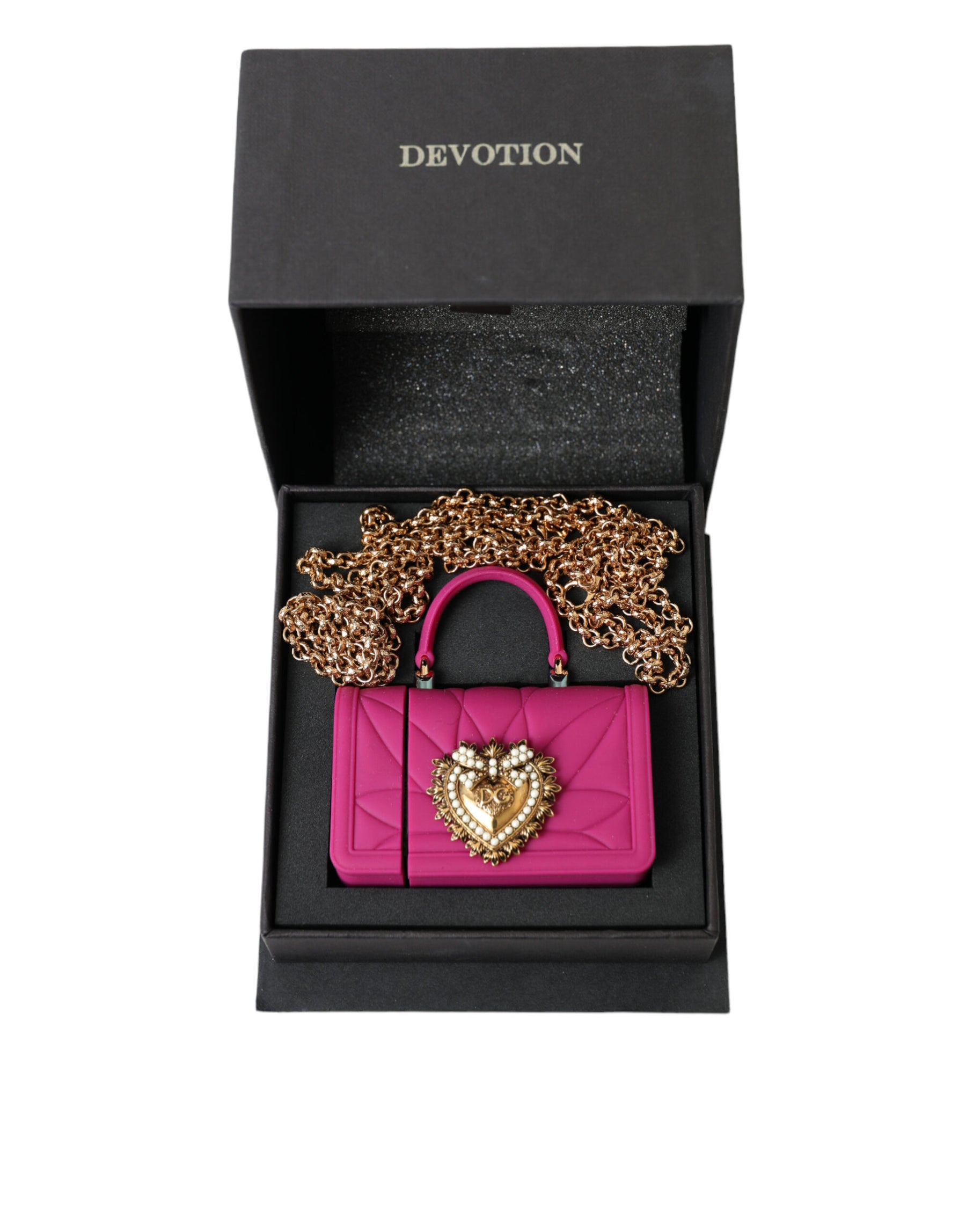 Dolce & Gabbana Pink Silicone Devotion Heart Bag Gold Chain Airpods Case | Regal Royce