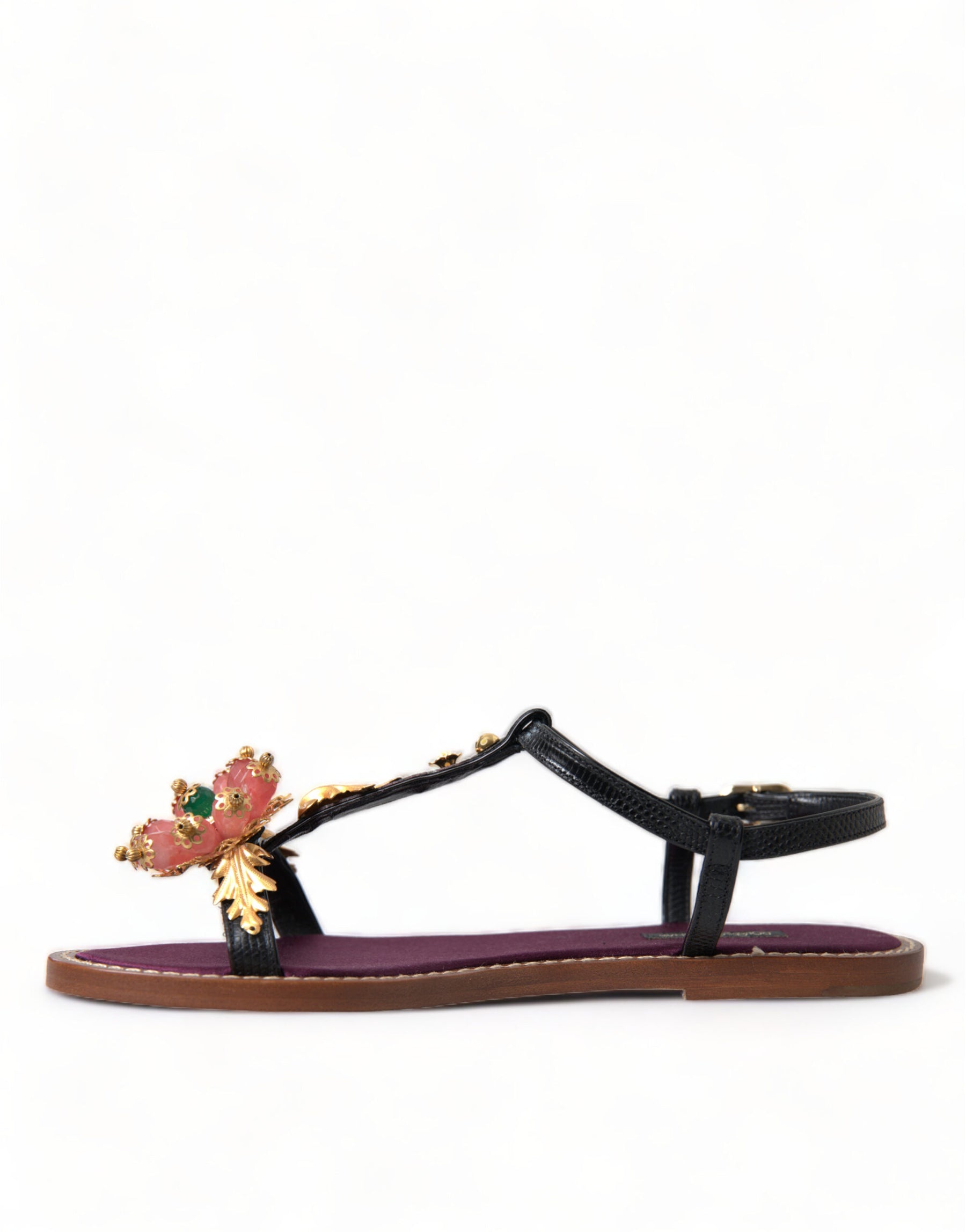 Dolce & Gabbana Black Crystal Gold Sandals Leather Shoes | Regal Royce