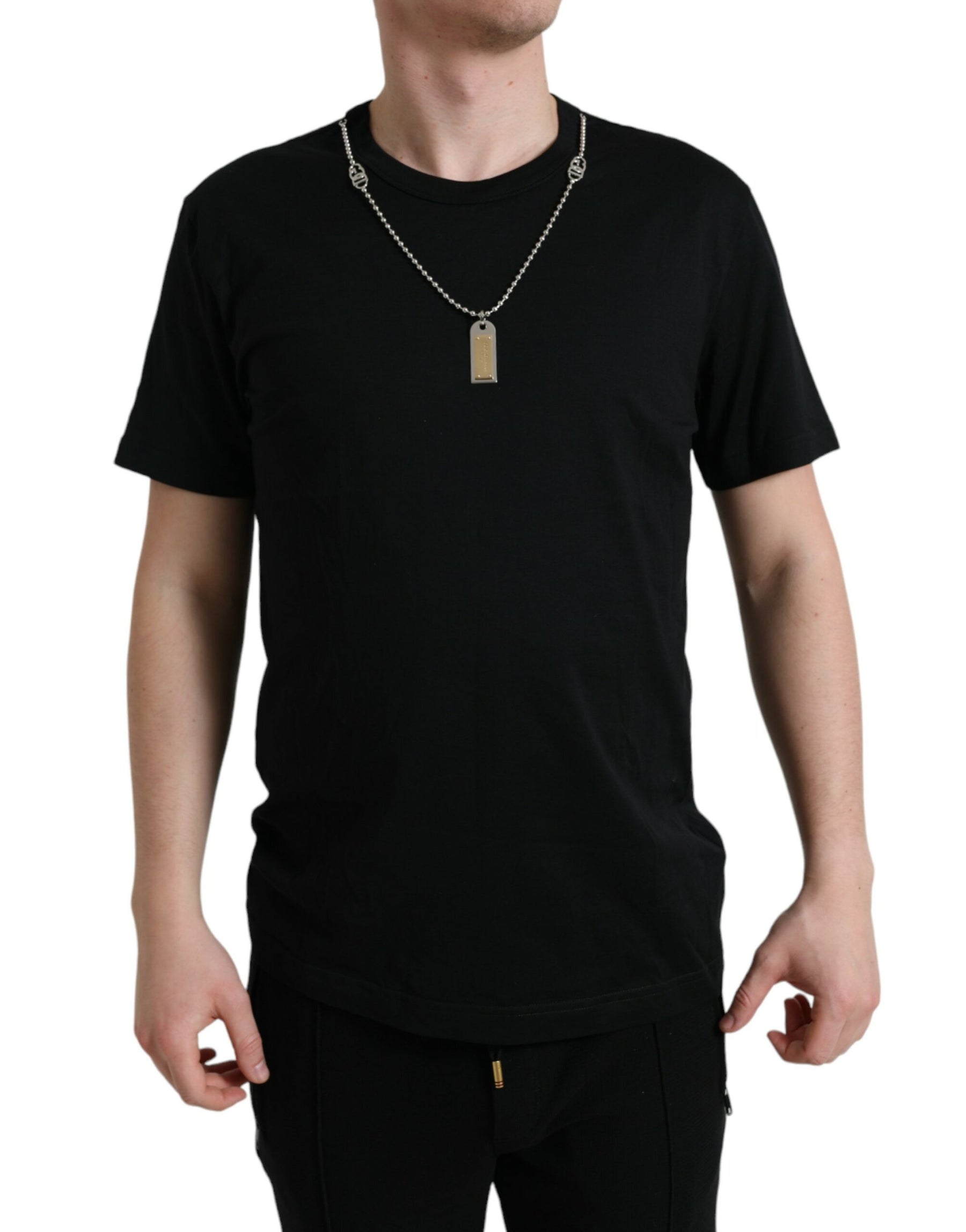 Dolce & Gabbana Black Cotton Dog Tag Round Neck T-shirt | Regal Royce