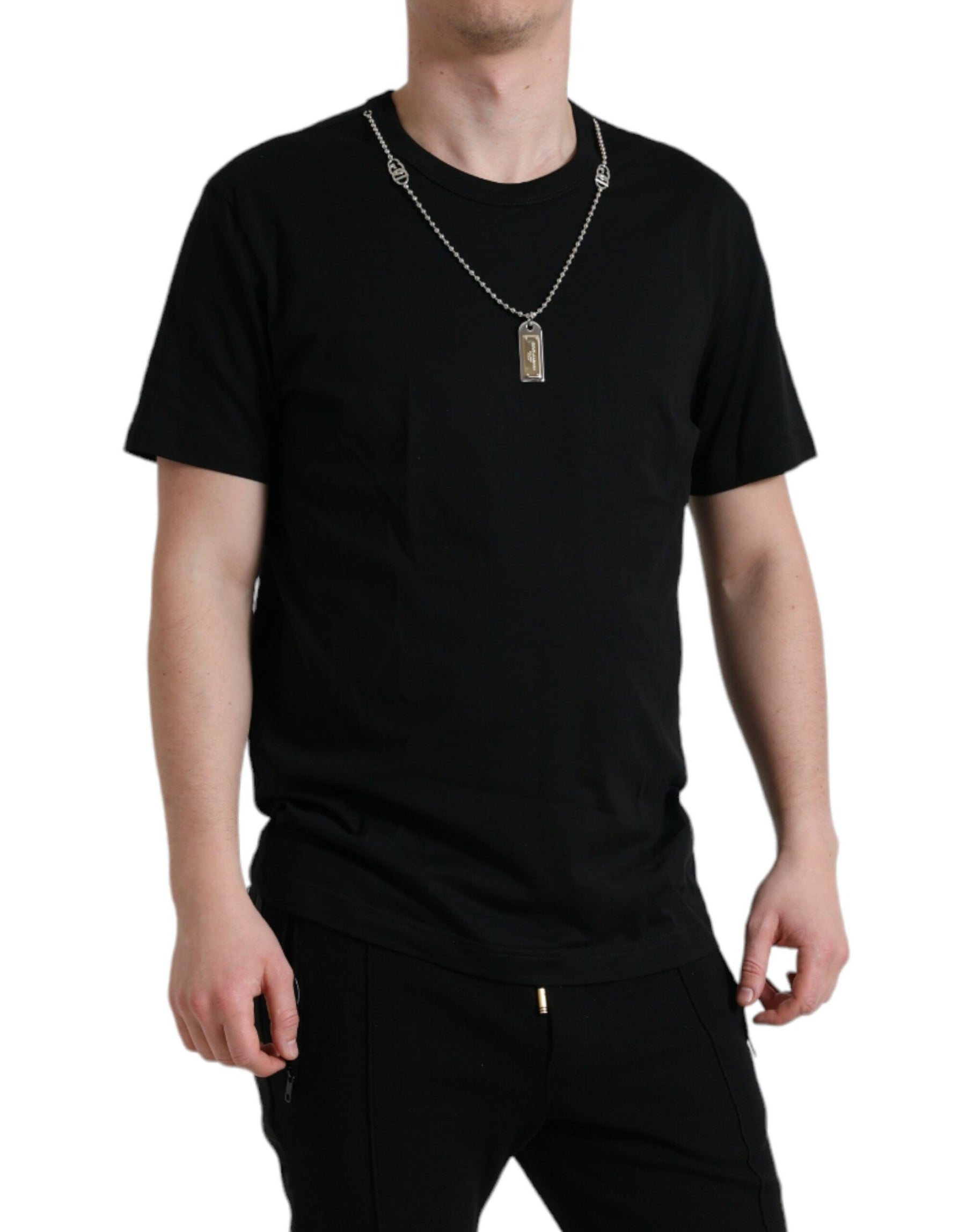 Dolce & Gabbana Black Cotton Dog Tag Round Neck T-shirt | Regal Royce
