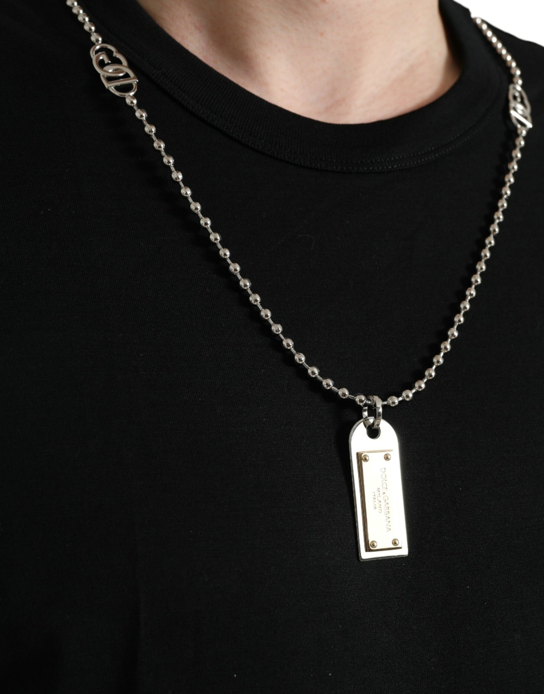 Dolce & Gabbana Black Cotton Dog Tag Round Neck T-shirt | Regal Royce