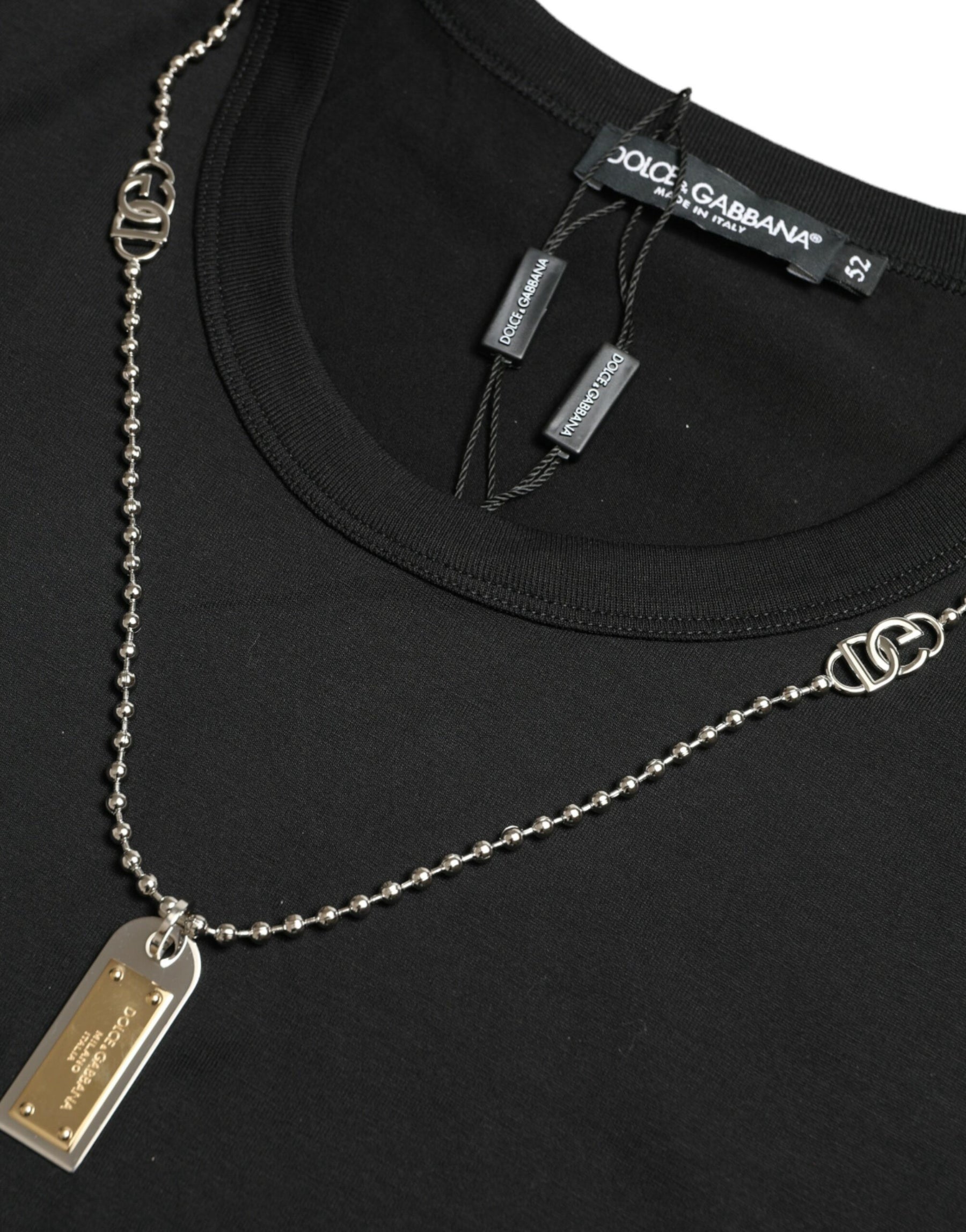 Dolce & Gabbana Black Cotton Dog Tag Round Neck T-shirt | Regal Royce