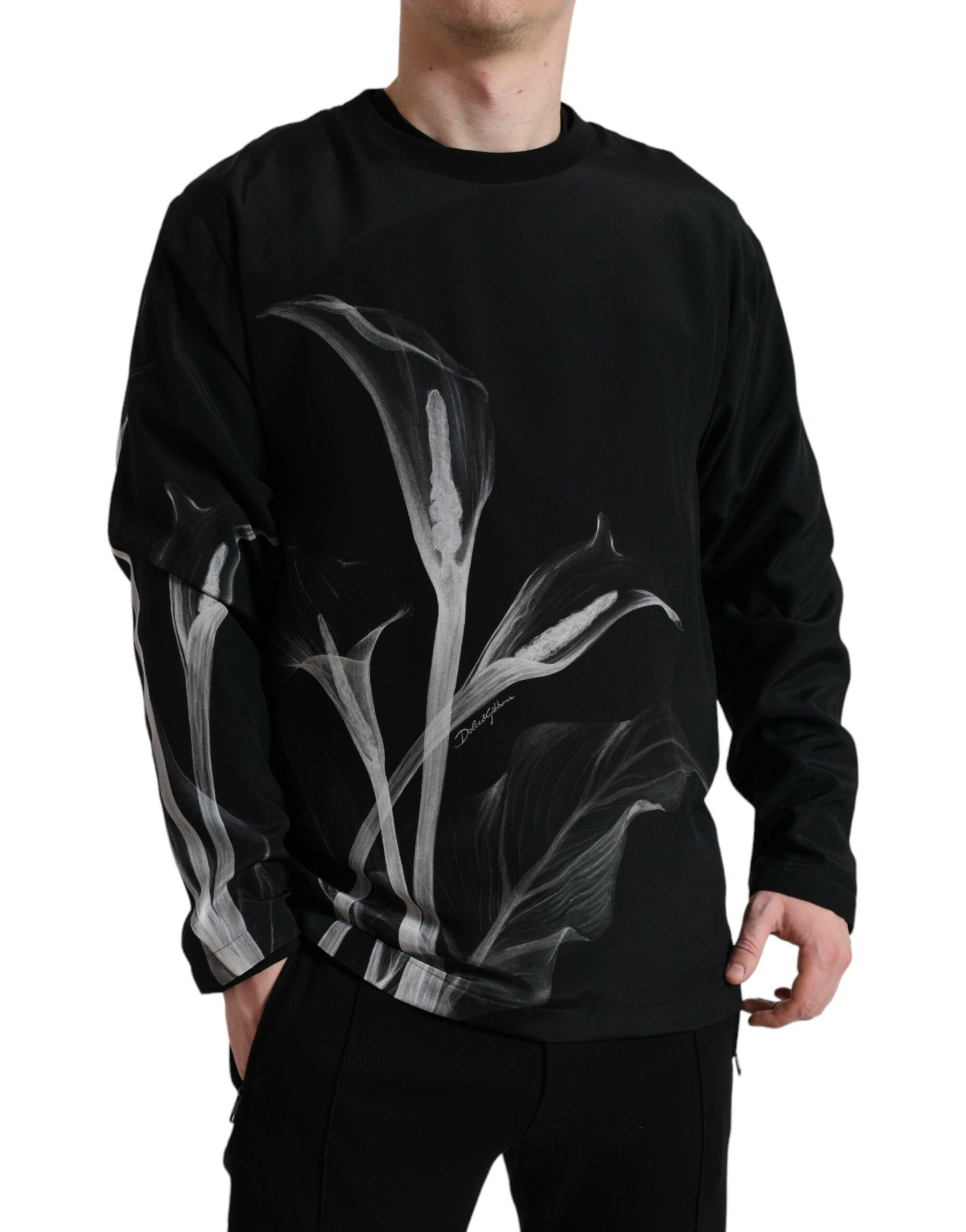 Dolce & Gabbana Black Floral Print Crewneck Pullover Sweater | Regal Royce