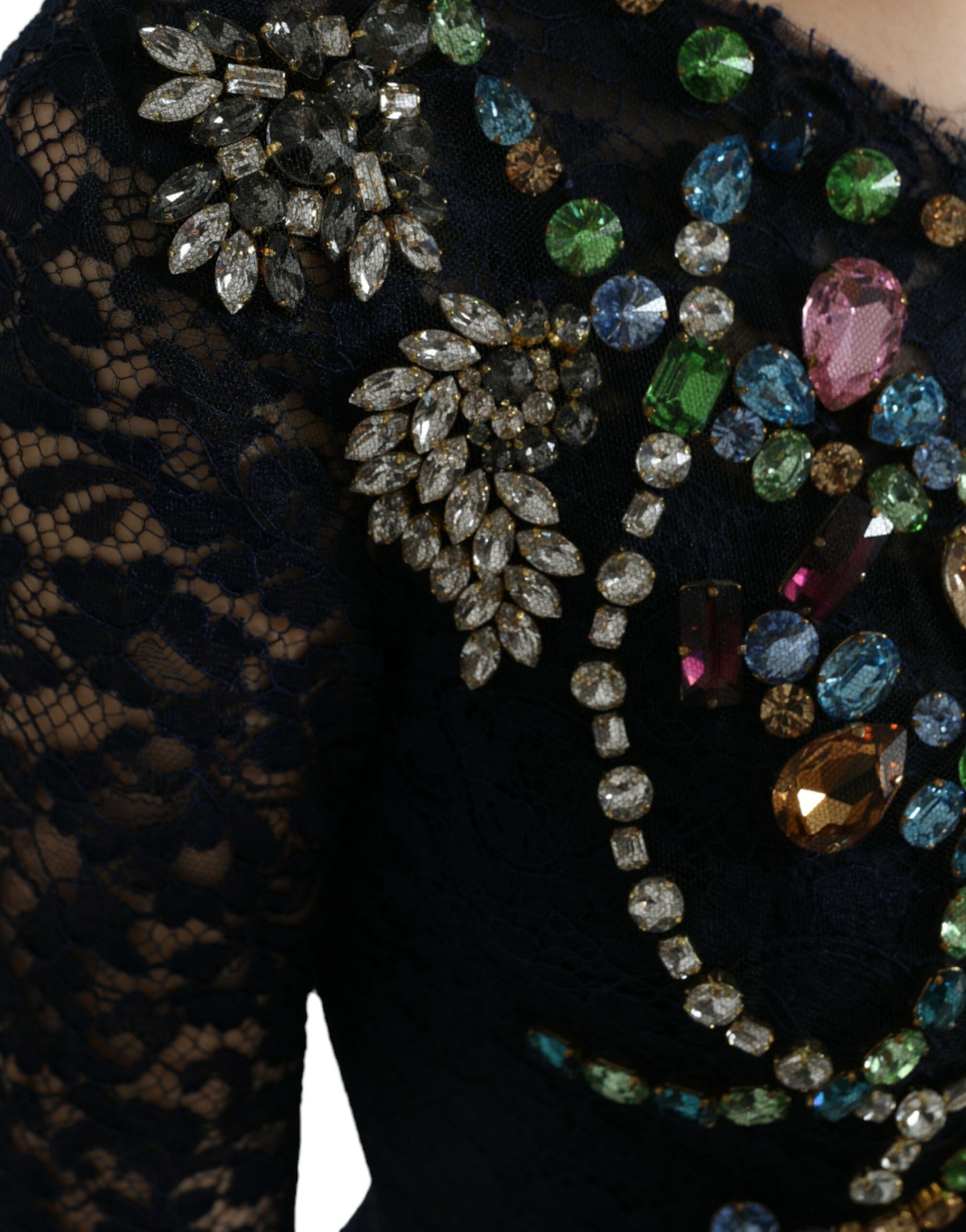 Dolce & Gabbana Blue Crystal Floral Lace Long Gown Dress | Regal Royce