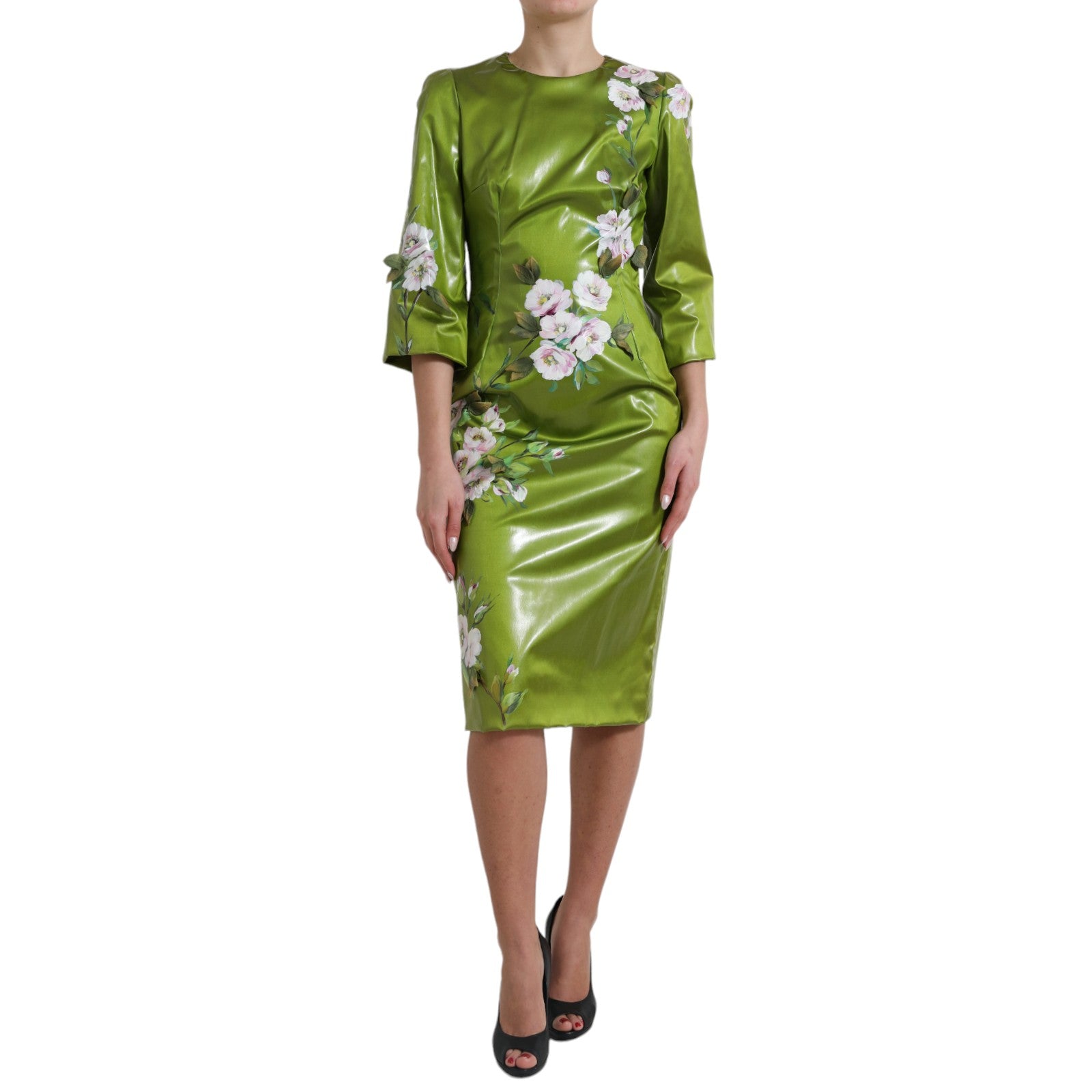 Dolce & Gabbana Green Floral Embellished Sheath Midi Dress | Regal Royce