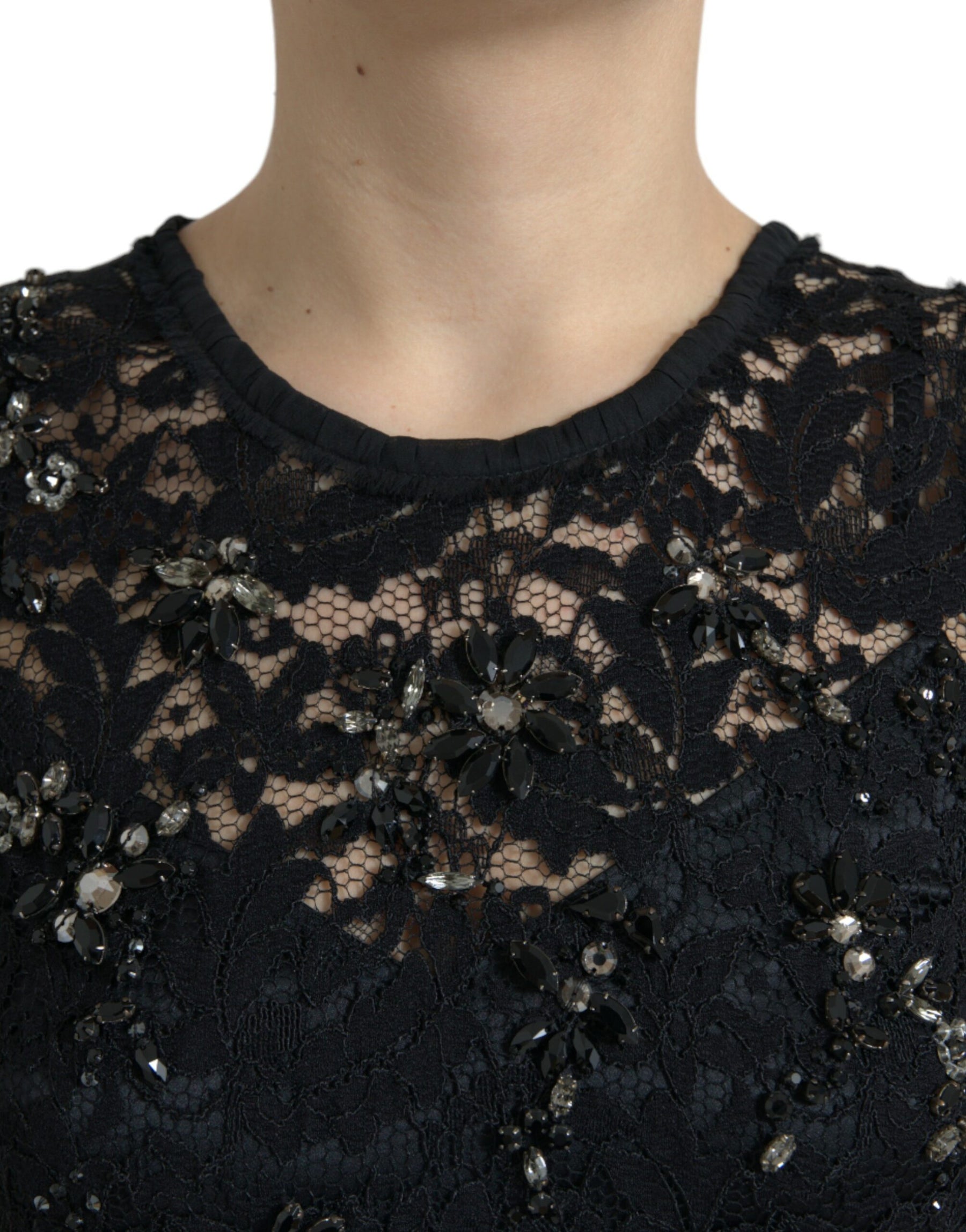 Dolce & Gabbana Black Floral Lace Crystal Sheath Dress | Regal Royce