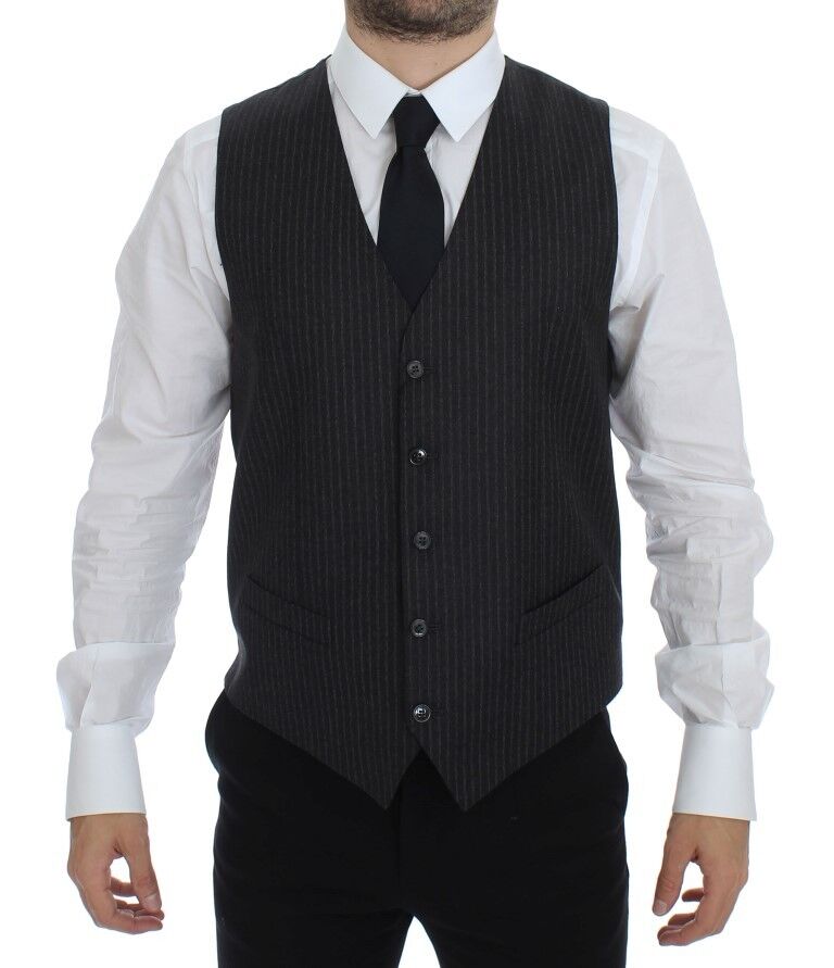Dolce & Gabbana Gray Striped Wool Single Breasted Vest | Regal Royce