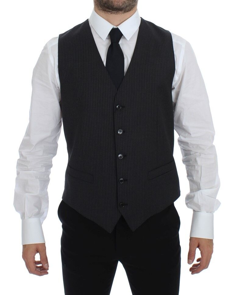 Dolce & Gabbana Gray Striped Wool Single Breasted Vest | Regal Royce