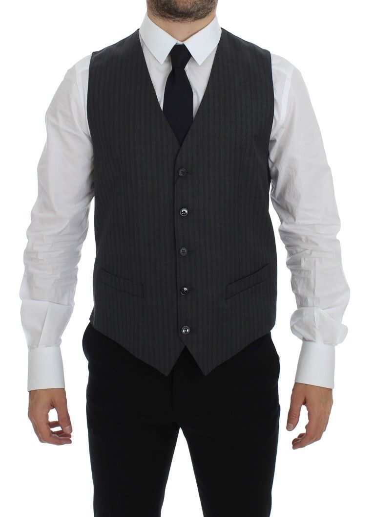 Dolce & Gabbana Gray Striped Wool Single Breasted Vest | Regal Royce