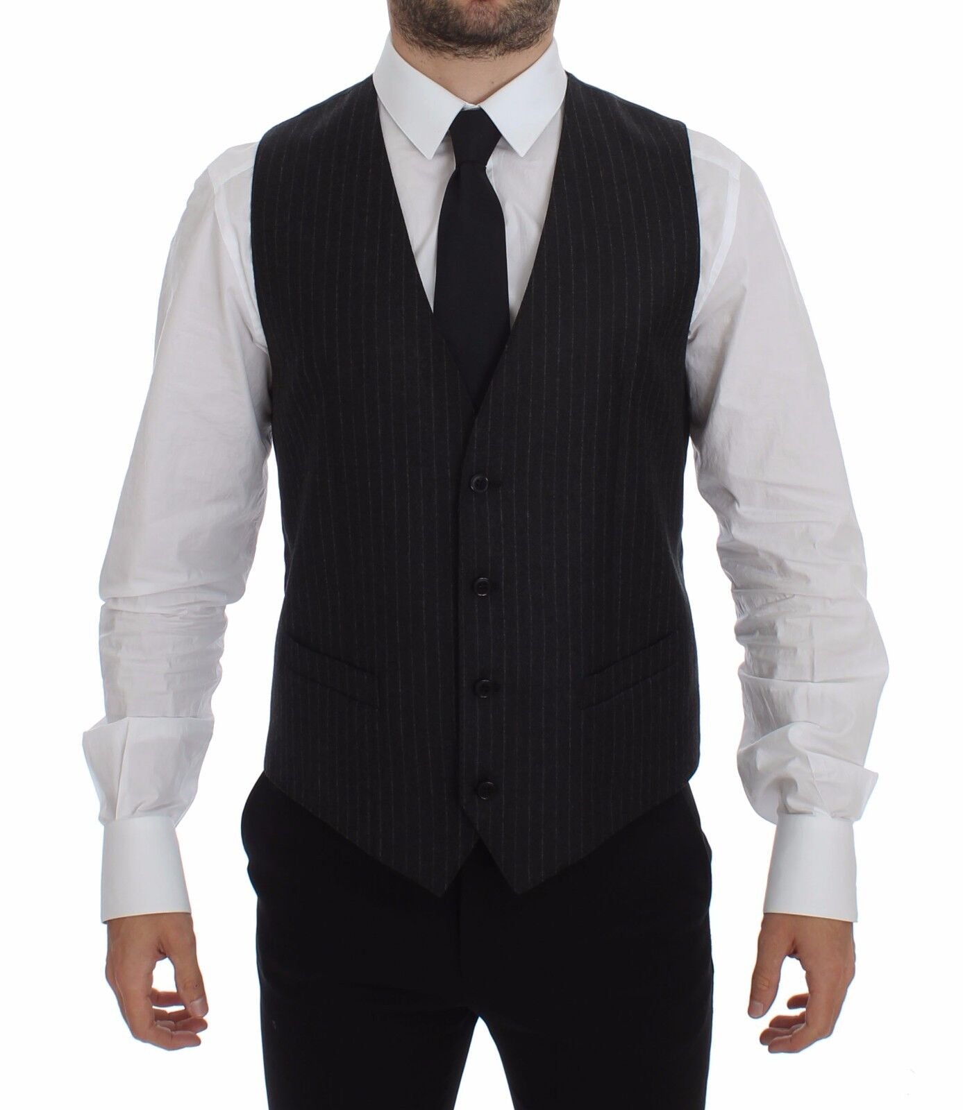 Dolce & Gabbana Gray Striped Wool Logo Vest Gilet Vests | Regal Royce