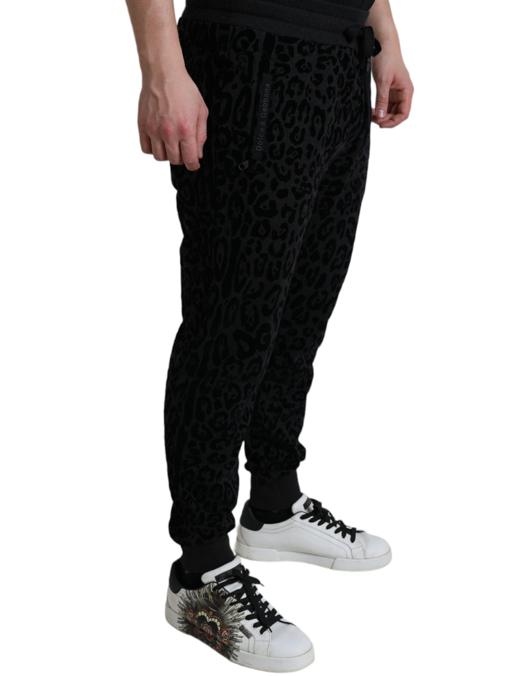 Dolce & Gabbana Black Leopard Cotton Slim Fit Jogger Pants | Regal Royce