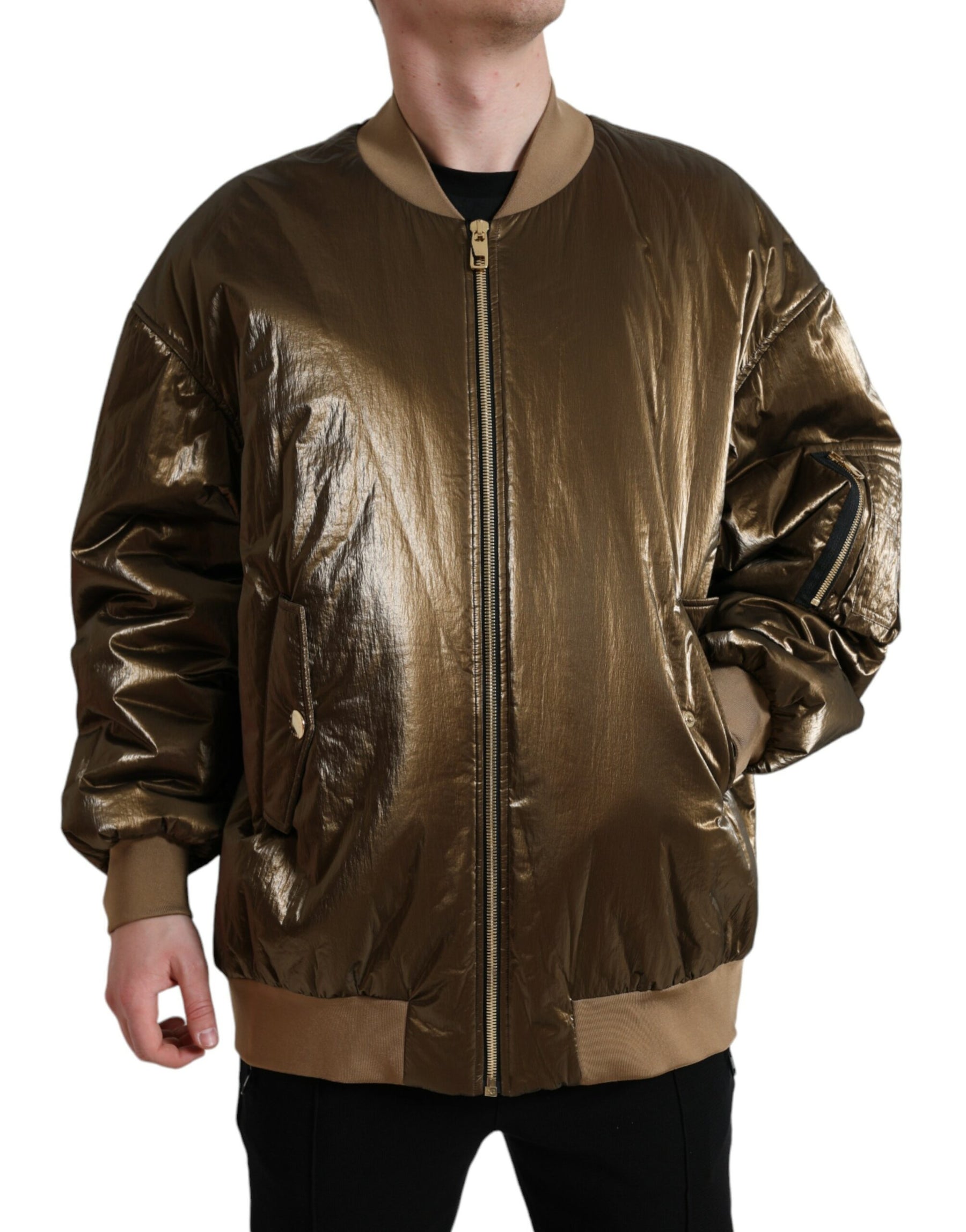 Dolce & Gabbana Bronze Nylon Full Zip Men Bomber Jacket | Regal Royce