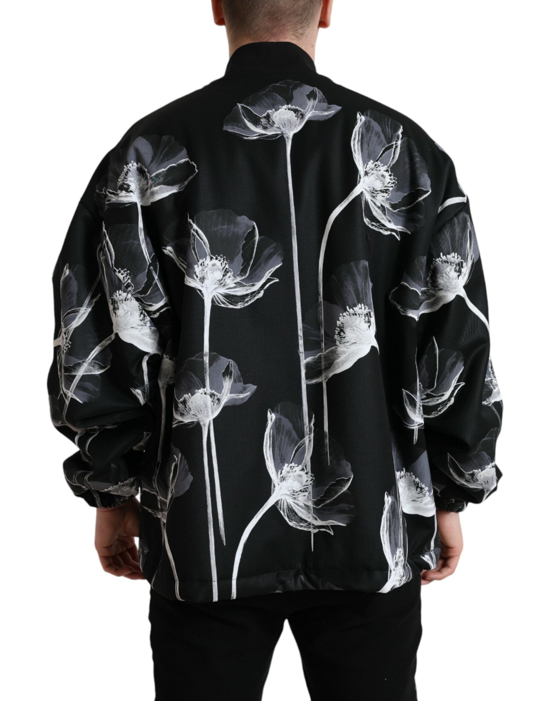 Dolce & Gabbana Black Floral Print Wool Button Down Bomber Jacket | Regal Royce