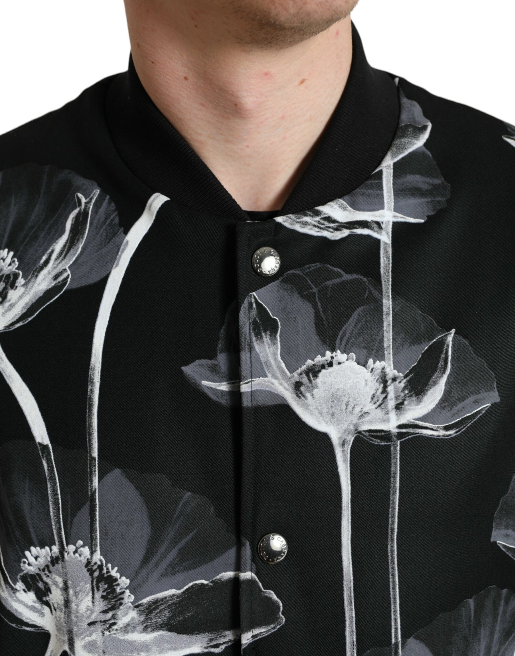Dolce & Gabbana Black Floral Print Wool Button Down Bomber Jacket | Regal Royce