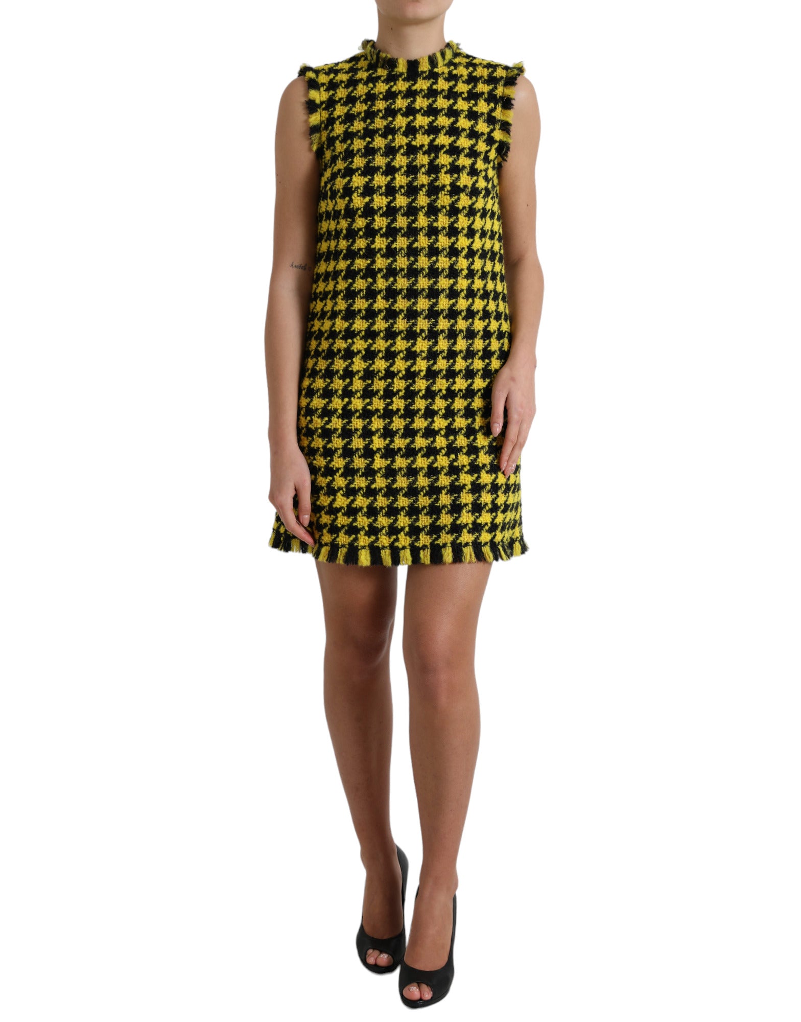 Dolce & Gabbana Yellow Houndstooth Sleeveless Aline Mini Dress | Regal Royce