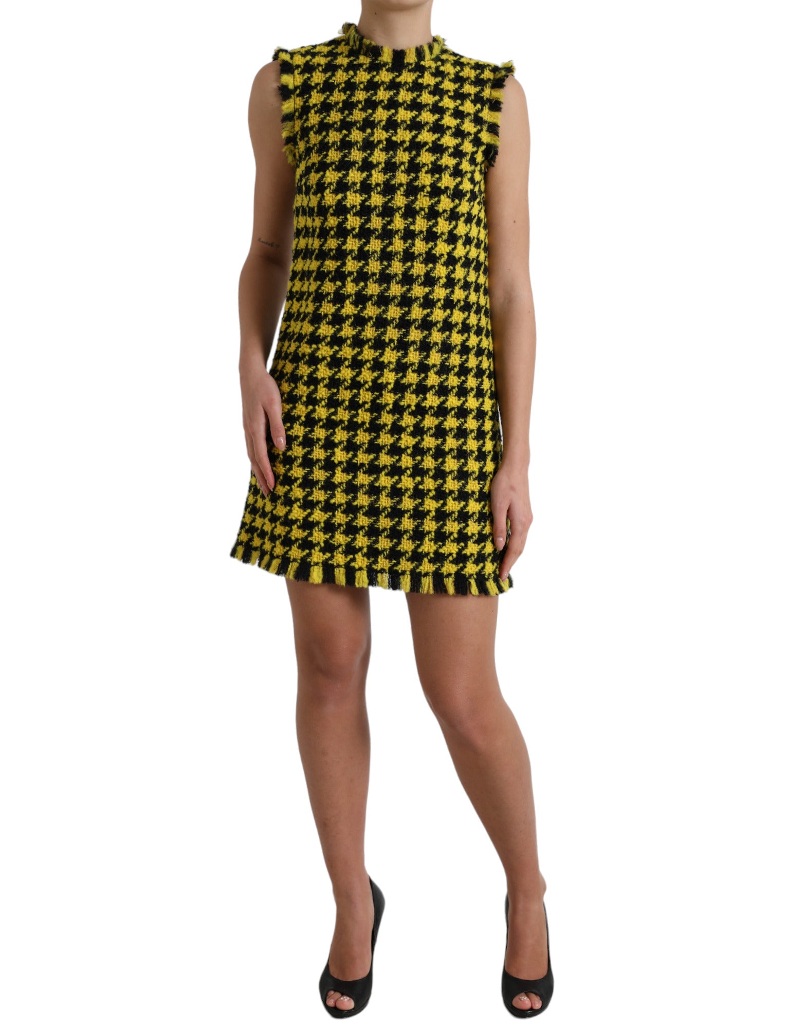 Dolce & Gabbana Yellow Houndstooth Sleeveless Aline Mini Dress | Regal Royce