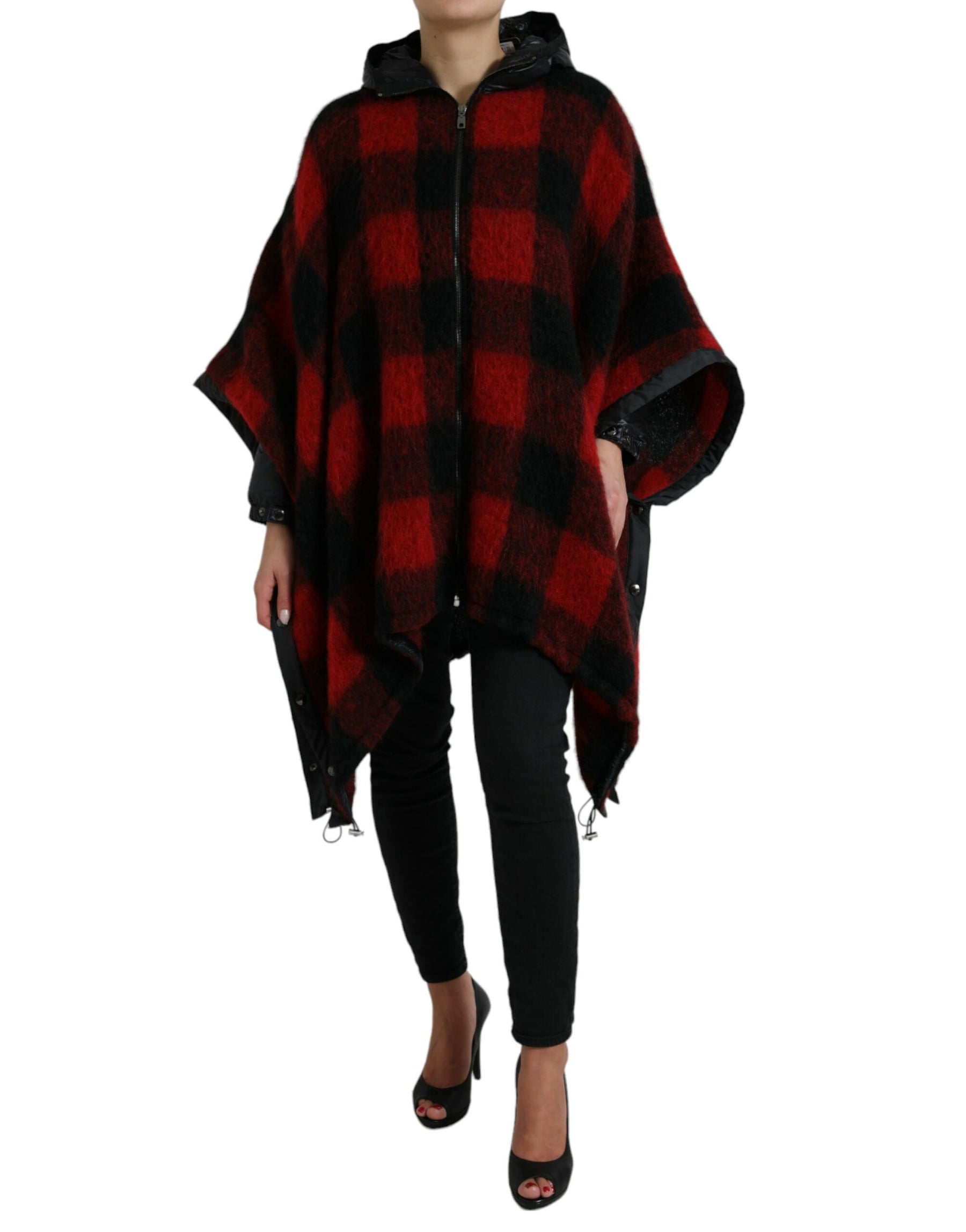Dolce & Gabbana Black Red Buffalo Check Hooded Poncho Jacket | Regal Royce
