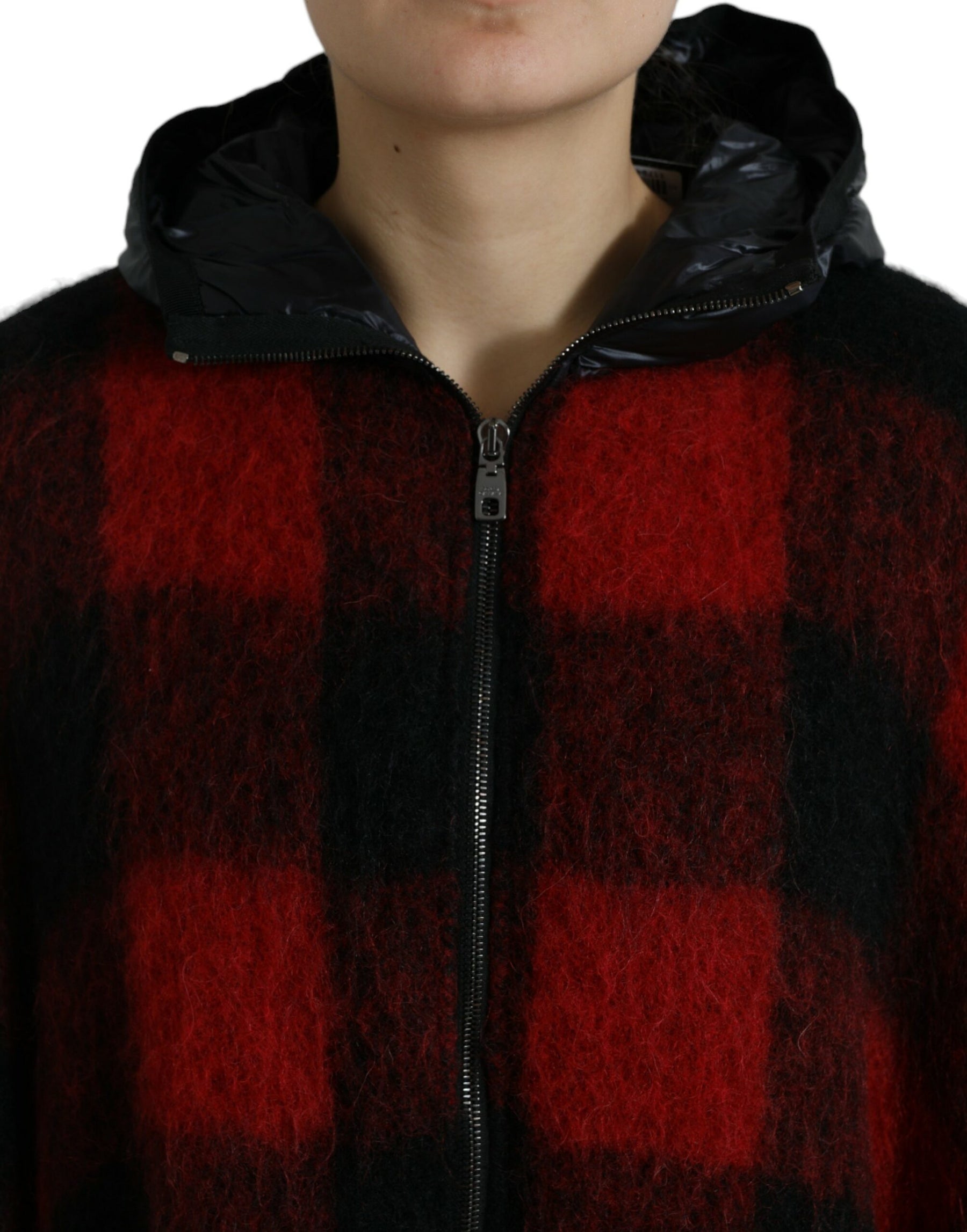 Dolce & Gabbana Black Red Buffalo Check Hooded Poncho Jacket | Regal Royce