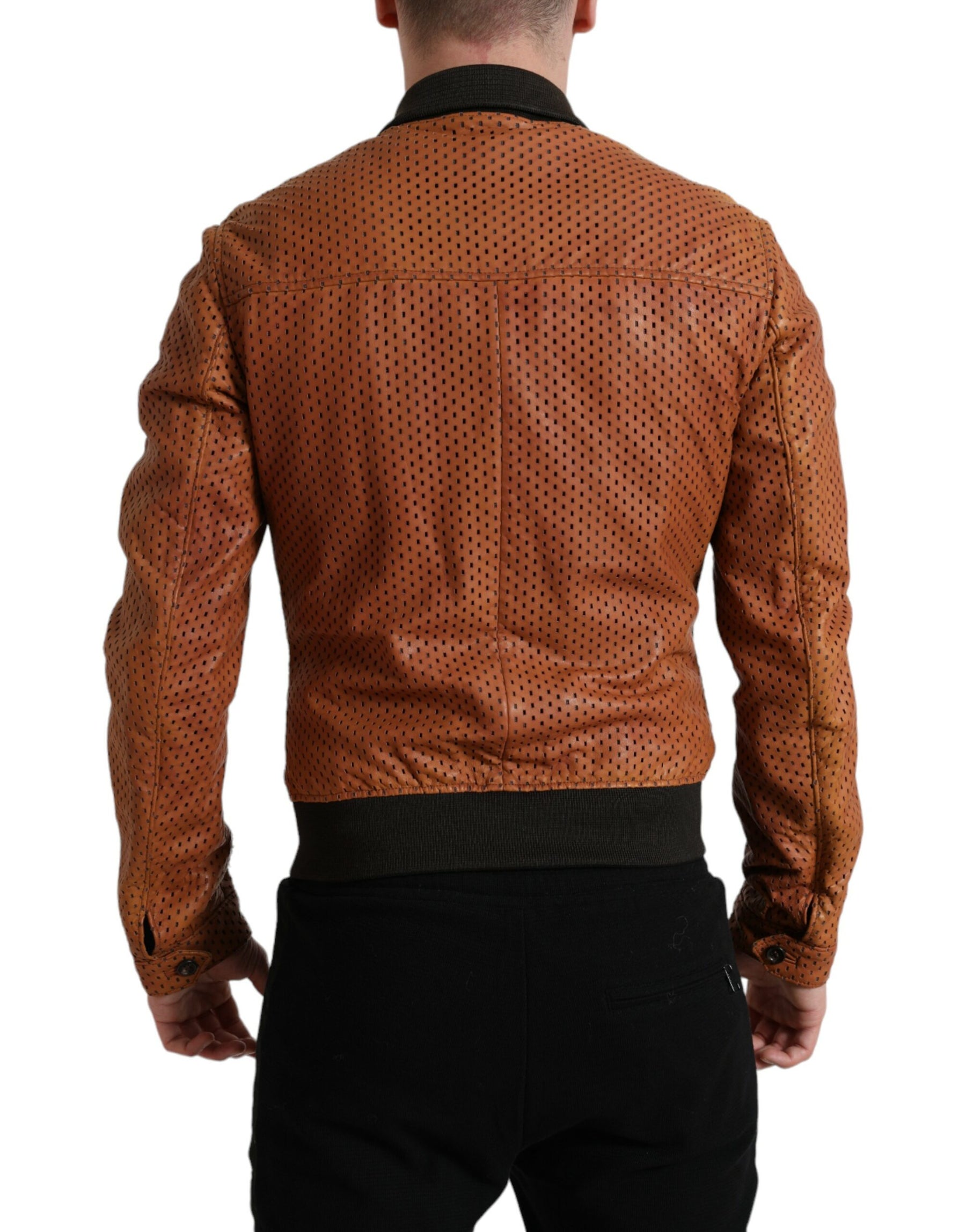 Dolce & Gabbana Brown Lambskin Leather Perforated Jacket | Regal Royce