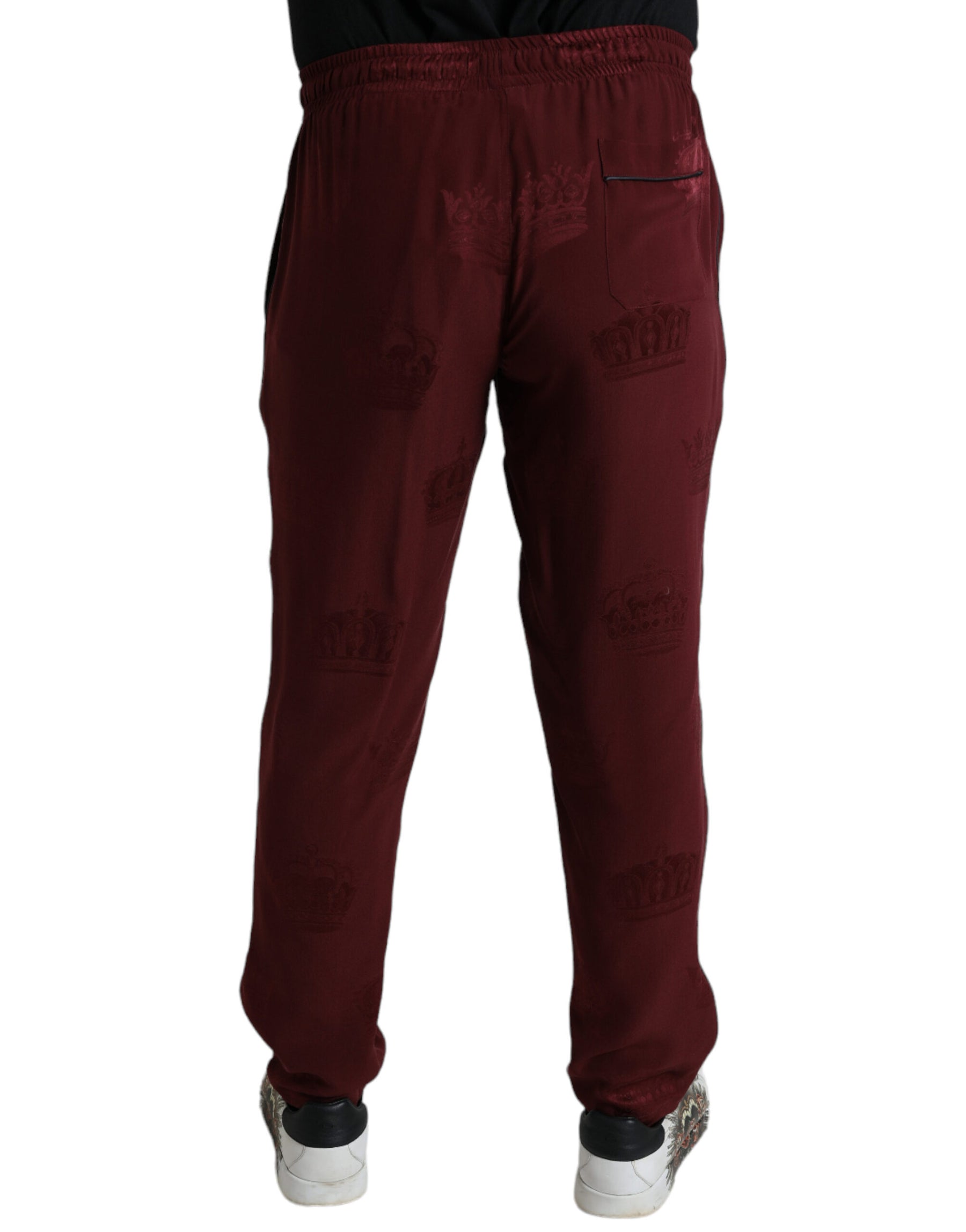 Dolce & Gabbana Maroon Crown Pattern Silk Pajama Pants | Regal Royce