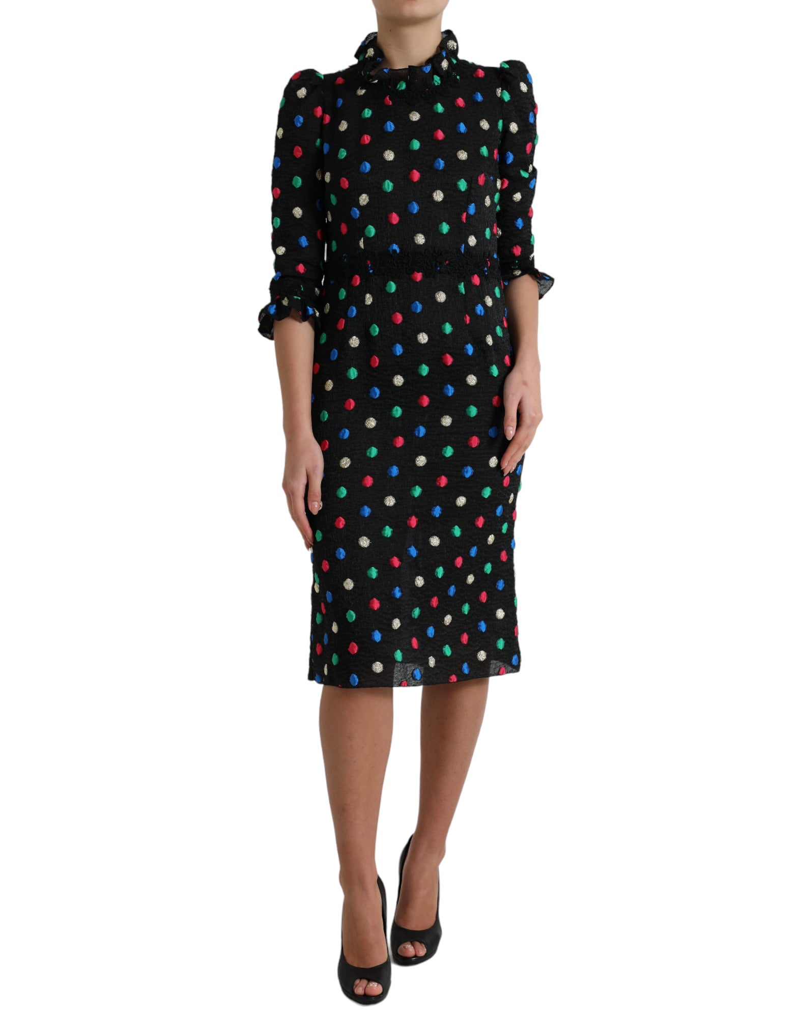 Dolce & Gabbana Black Polka Dot Ruffle Cotton Midi Dress | Regal Royce