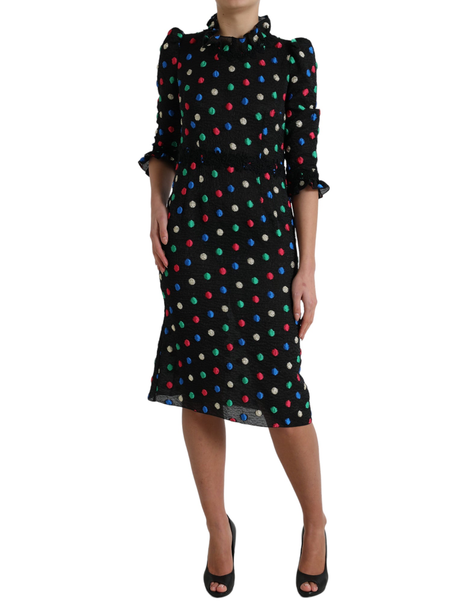Dolce & Gabbana Black Polka Dot Ruffle Cotton Midi Dress | Regal Royce
