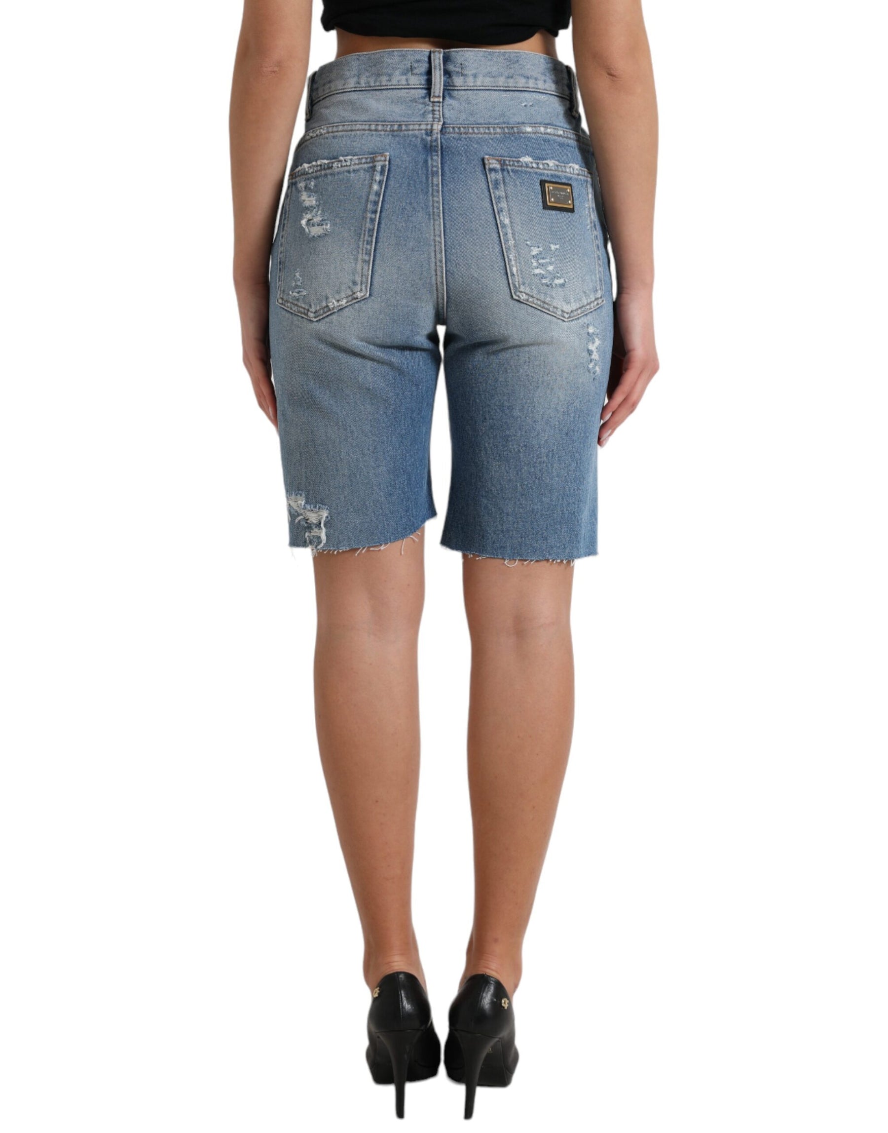 Dolce & Gabbana Blue Tattered Embellished Bermuda Shorts | Regal Royce