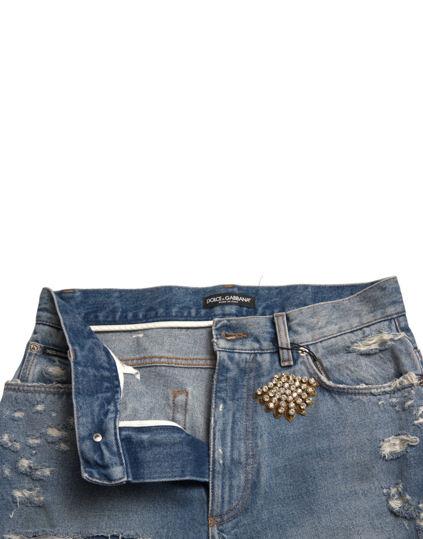 Dolce & Gabbana Blue Tattered Embellished Bermuda Shorts | Regal Royce