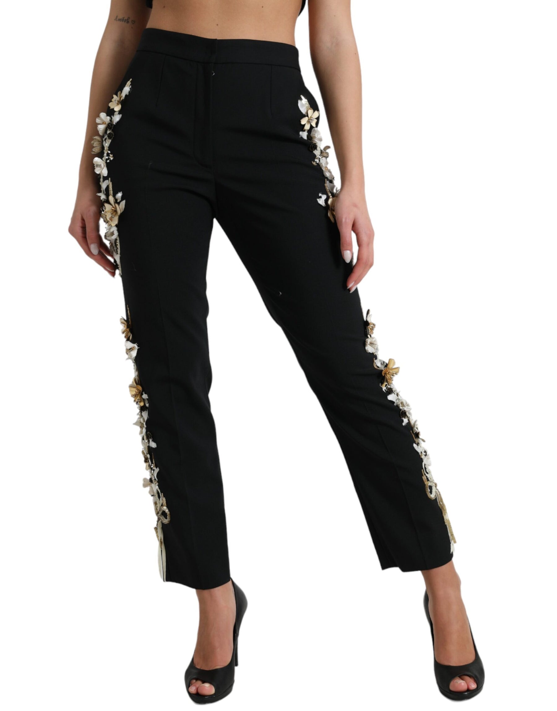 Dolce & Gabbana Black Floral Applique High Waist Tapered Pants | Regal Royce