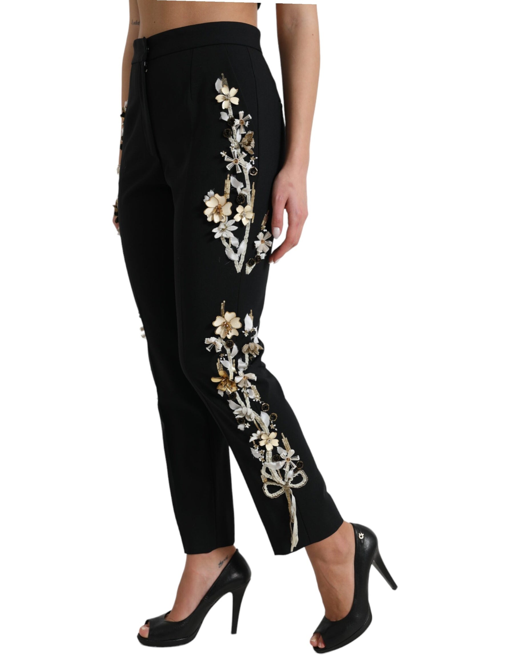 Dolce & Gabbana Black Floral Applique High Waist Tapered Pants | Regal Royce