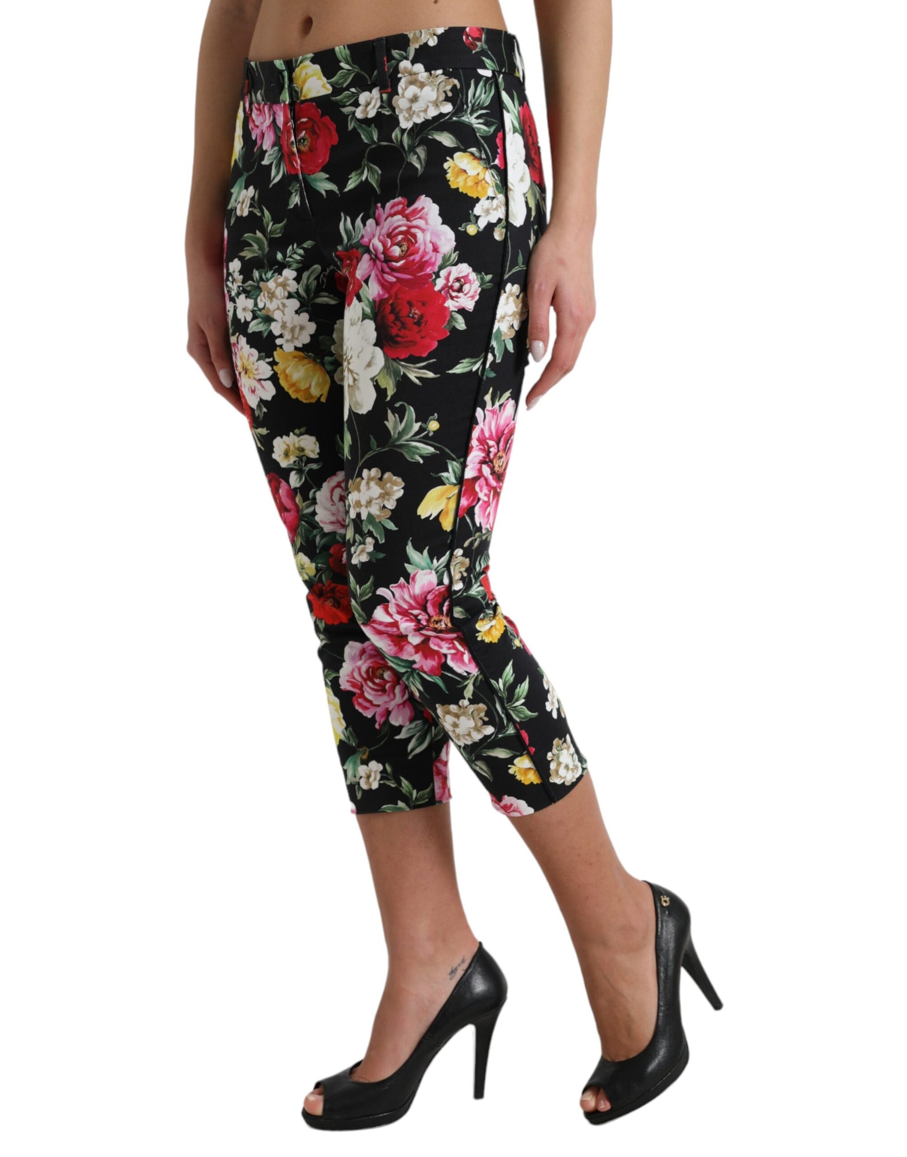 Dolce & Gabbana Black Floral Print Mid Waist Cropped Pants | Regal Royce