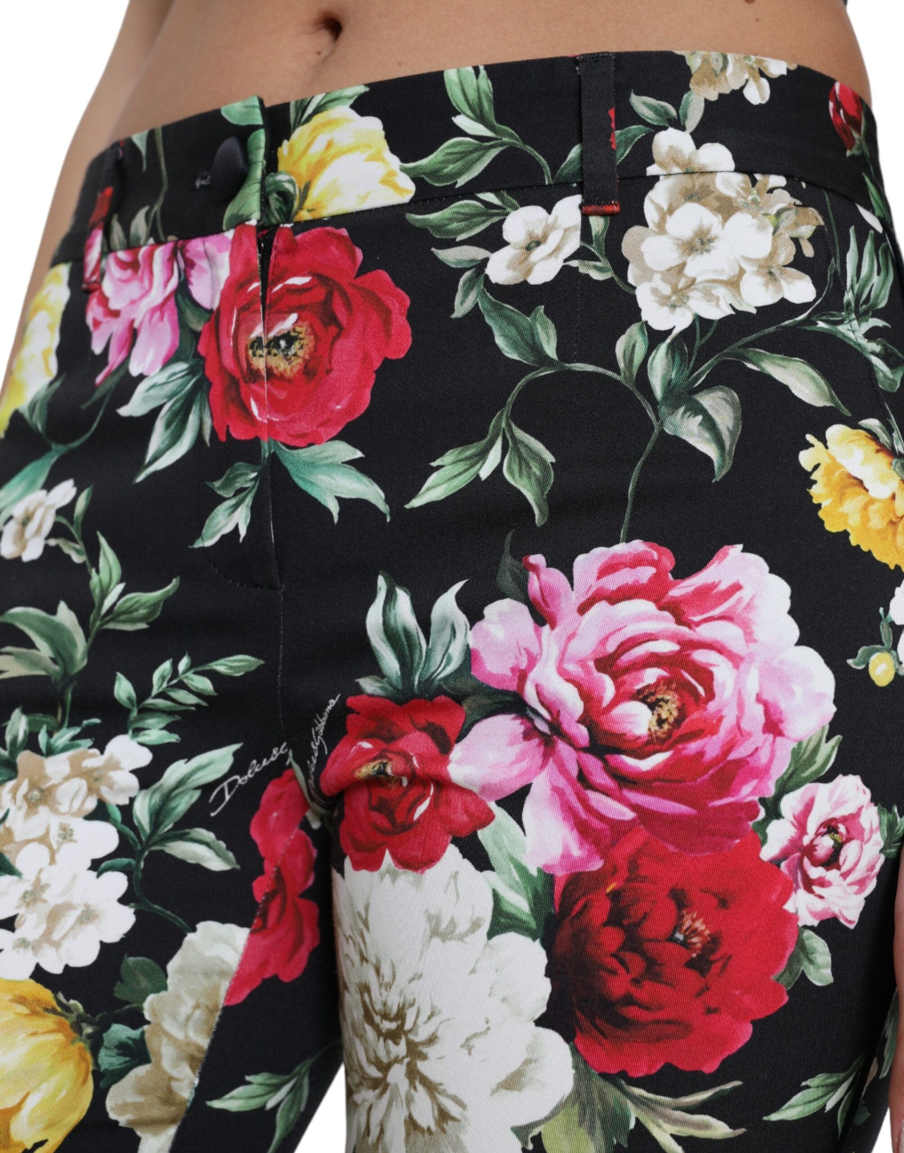 Dolce & Gabbana Black Floral Print Mid Waist Cropped Pants | Regal Royce