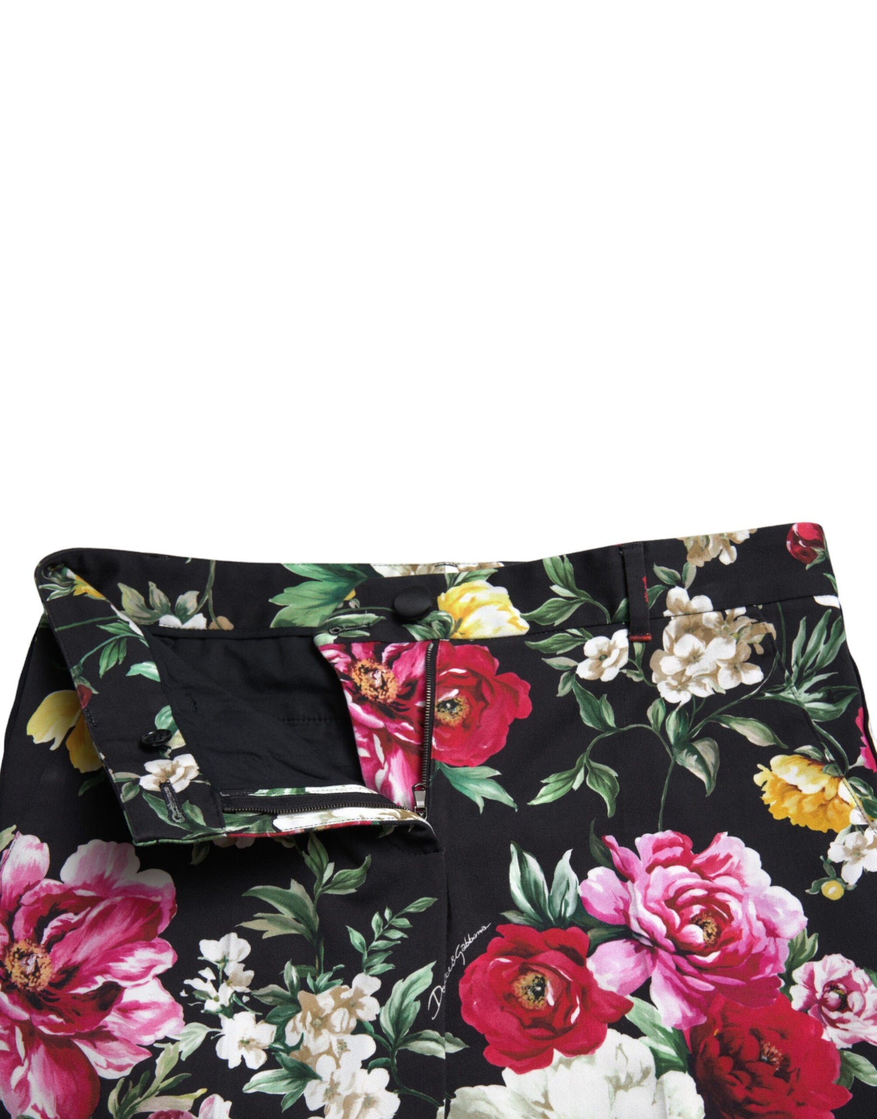 Dolce & Gabbana Black Floral Print Mid Waist Cropped Pants | Regal Royce