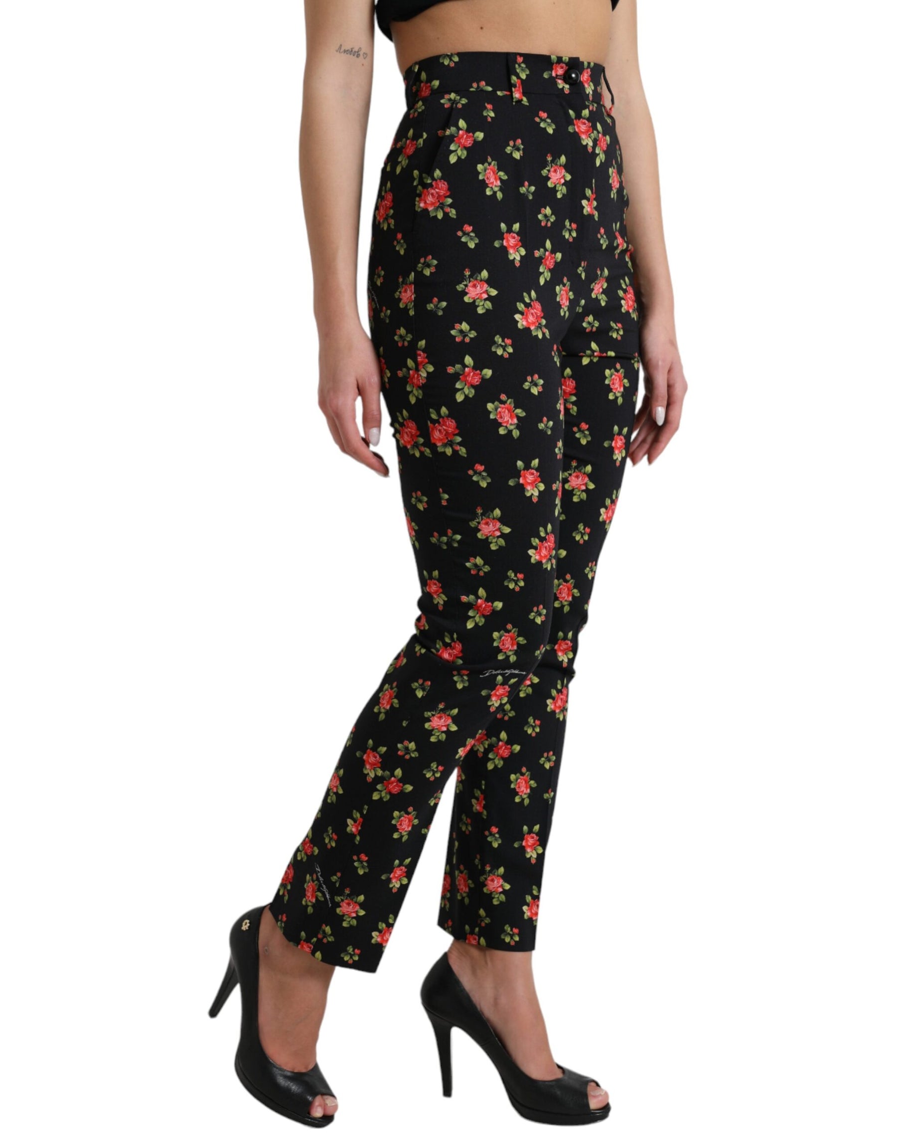 Dolce & Gabbana Black Floral Wool High Waist Tapered Pants | Regal Royce