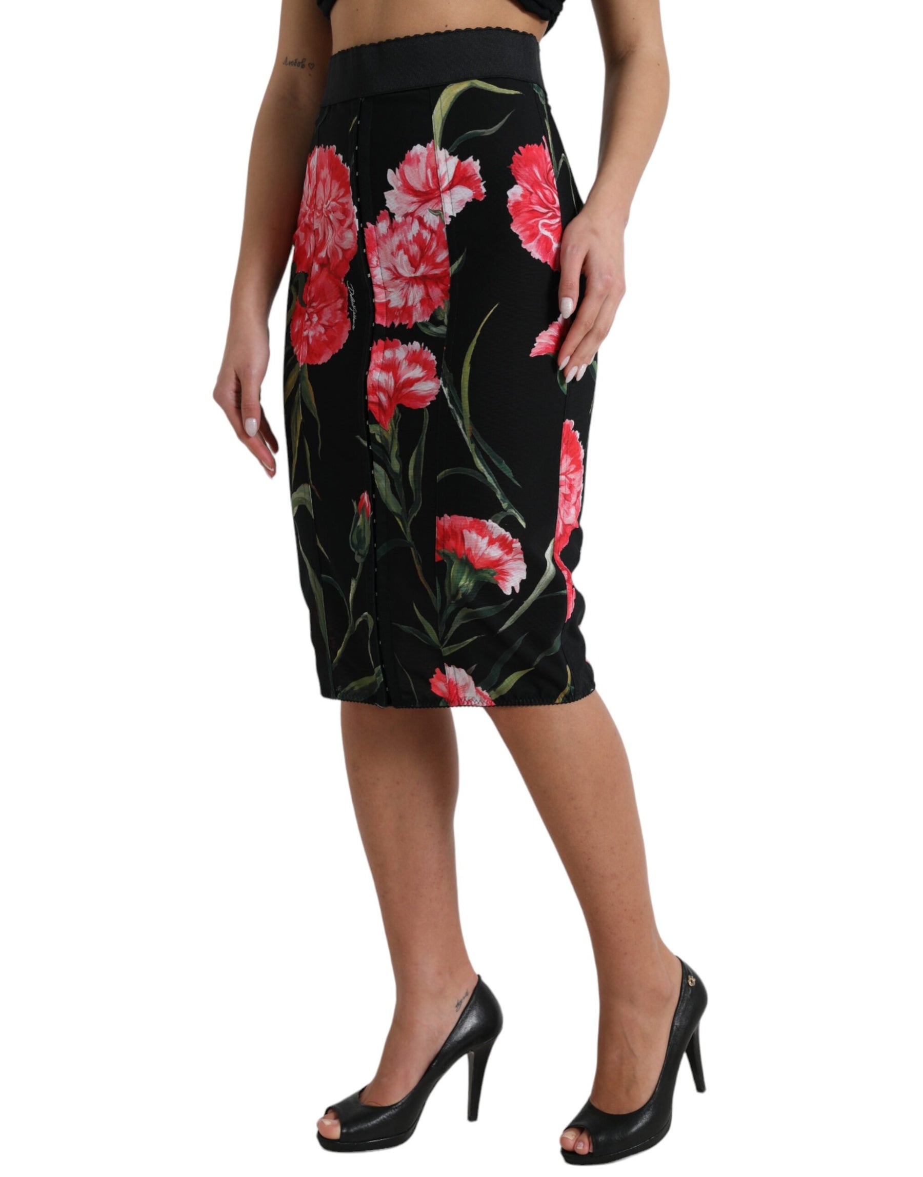 Dolce & Gabbana Black Carnation Pencil Cut Knee Length Skirt | Regal Royce