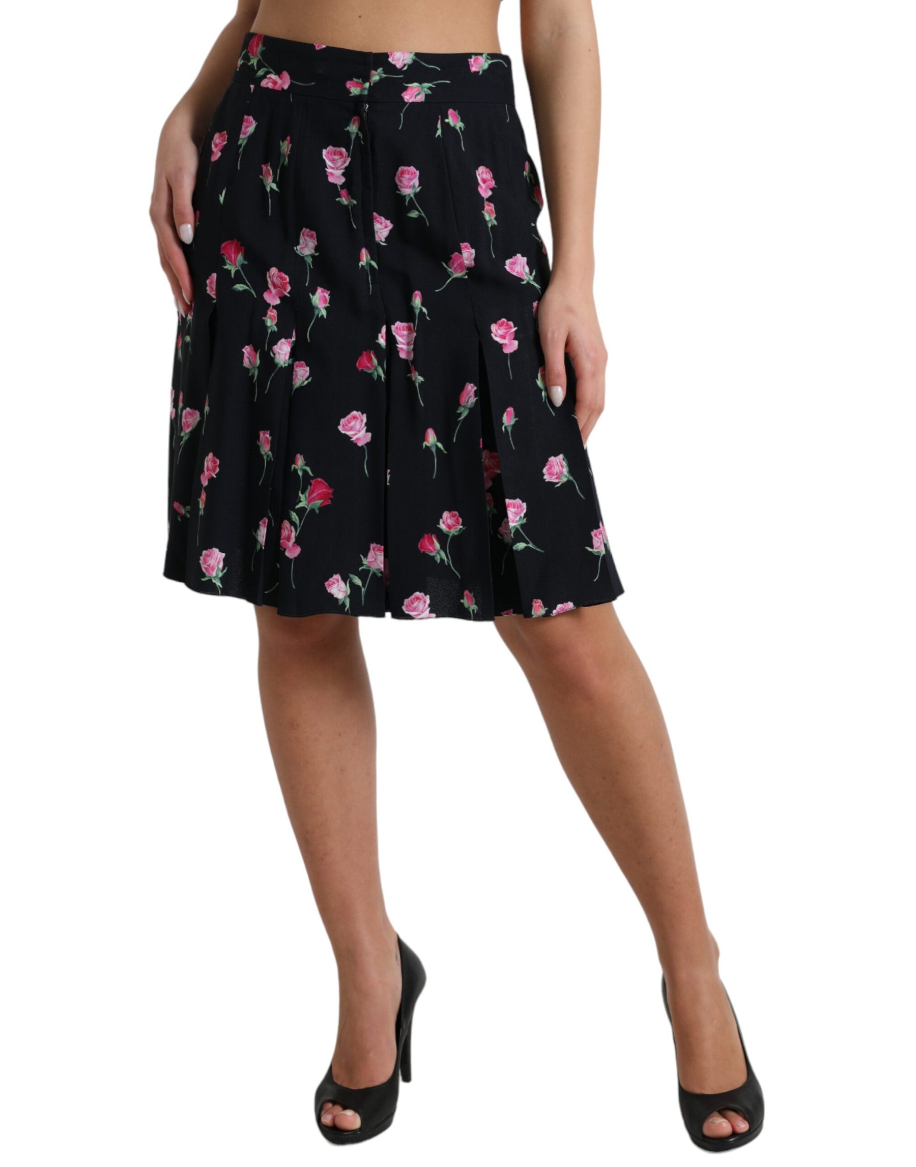 Dolce & Gabbana Black Rose High Waist A-line Knee Length Skirt | Regal Royce