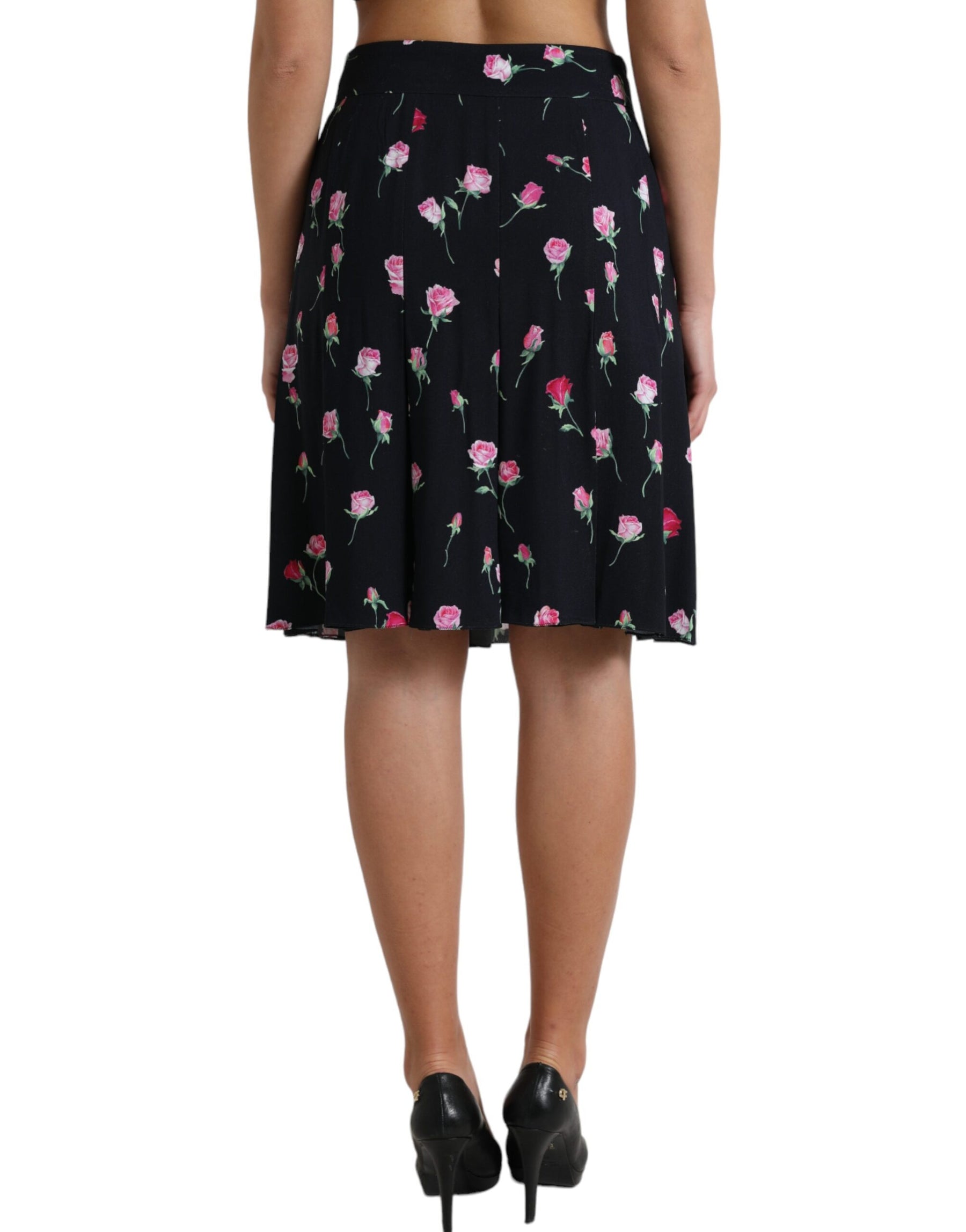 Dolce & Gabbana Black Rose High Waist A-line Knee Length Skirt | Regal Royce